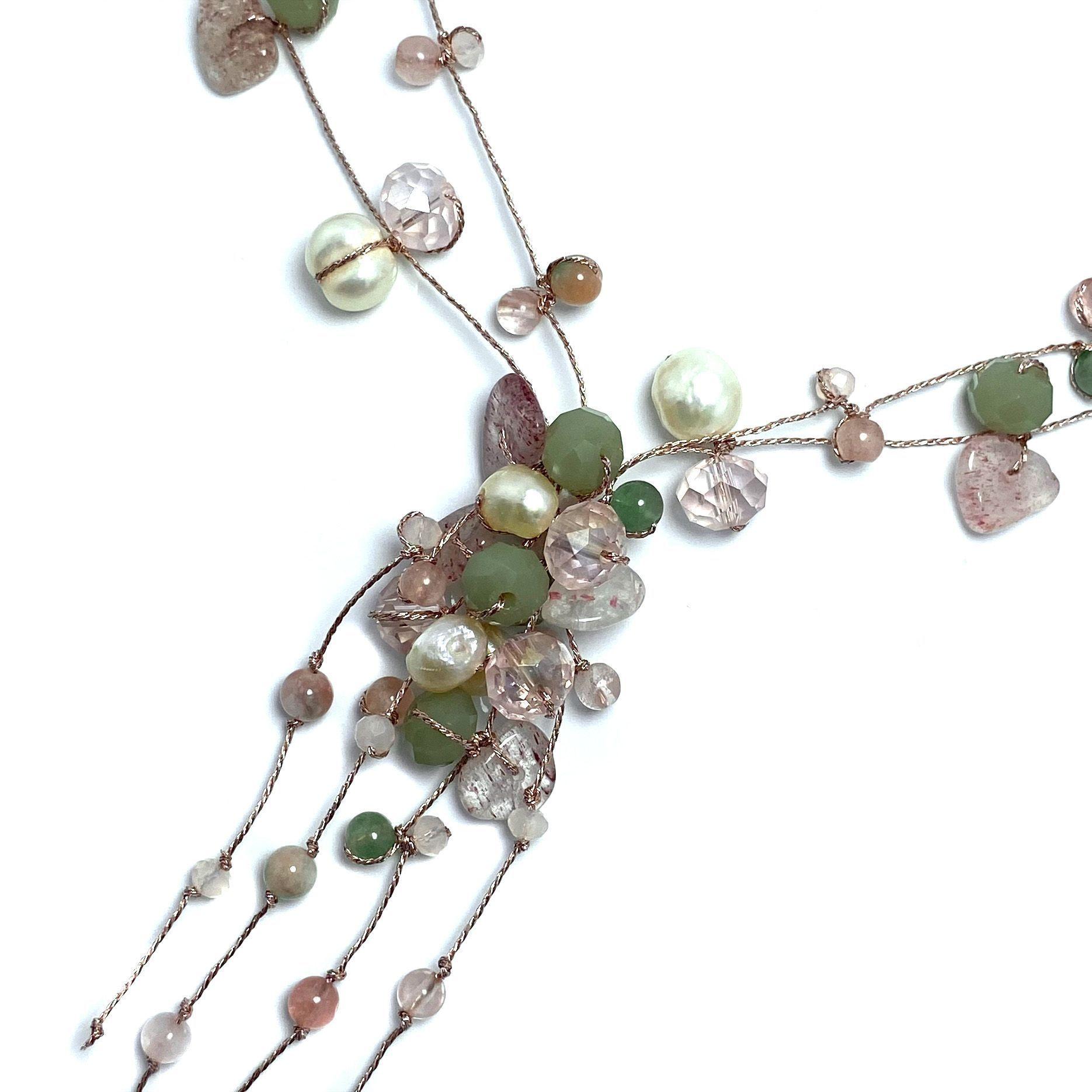 Collar Cuarzo Rosado Perla Río Cristal Hilo Seda-2