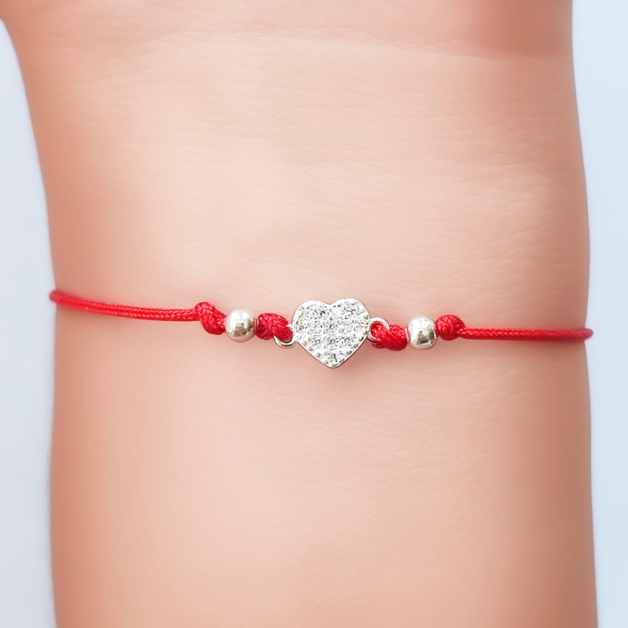Pulsera Corazón Circón Blanco Bolitas Plata Fina 925 Cordón Rojo-2