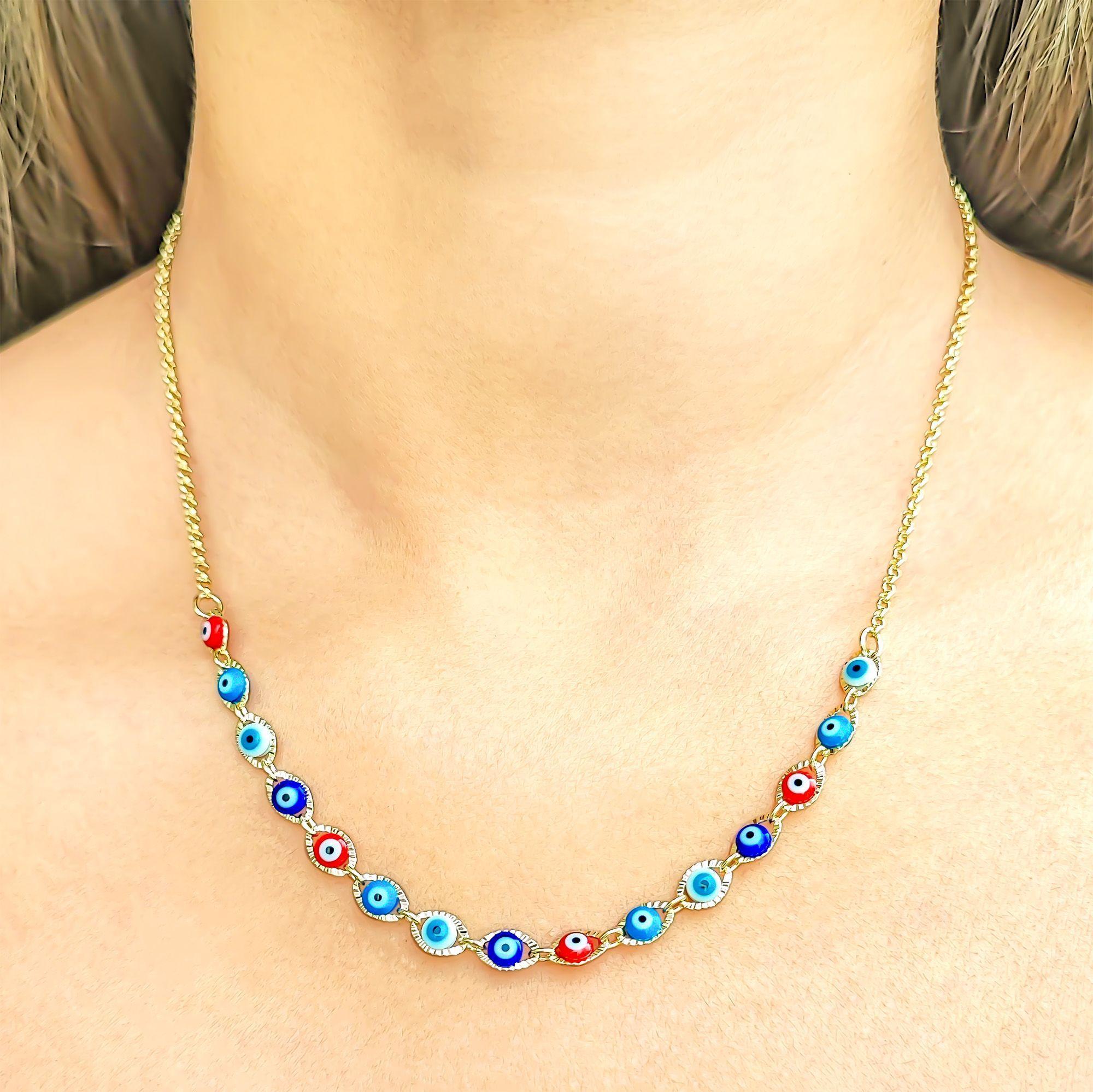 Collar 44cm Ojos Turcos Colores Enchapado Oro 18K-1