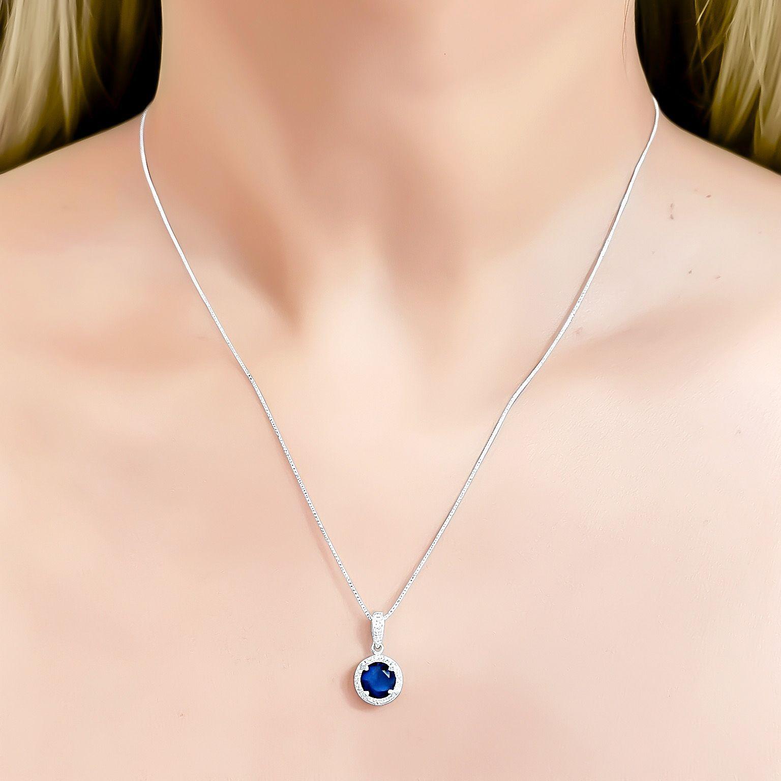 Collar Lady Circón Redondo Azul Blanco Plata Fina 925-2