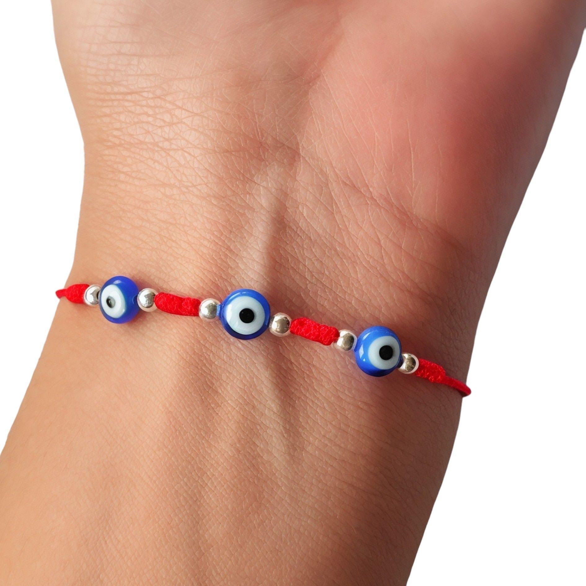 Pulsera 3 Ojos Turco Azul Cordón Rojo-2
