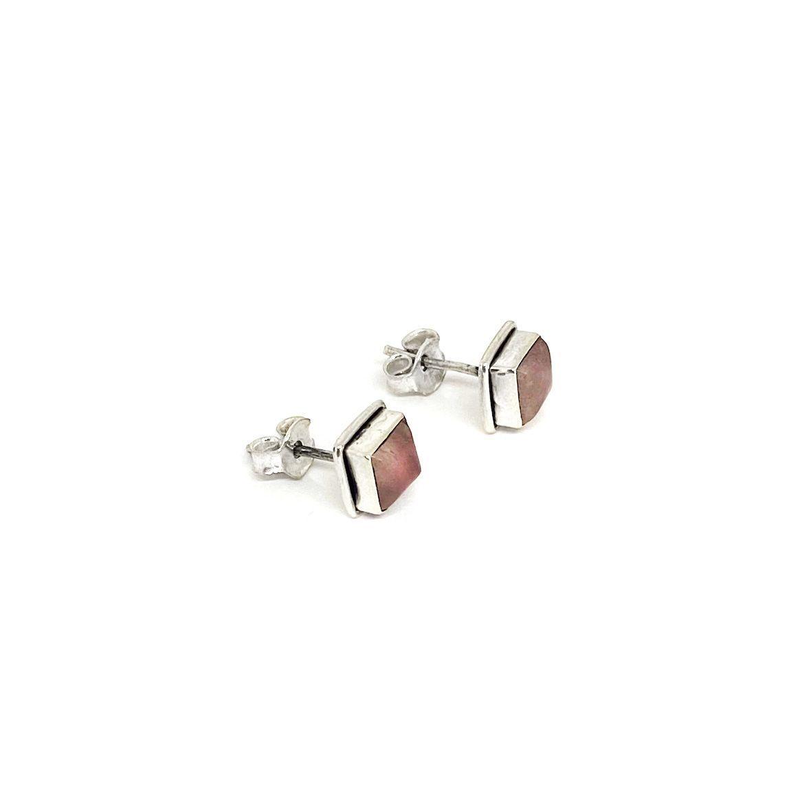 Aros Botón Cuadrado Cuarzo Rosa Plata Fina 925-2