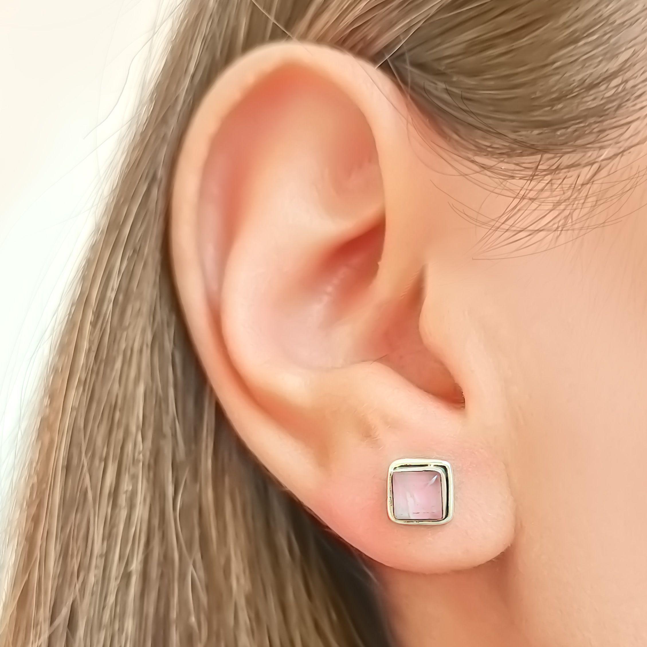 Aros Botón Cuadrado Cuarzo Rosa Plata Fina 925-3