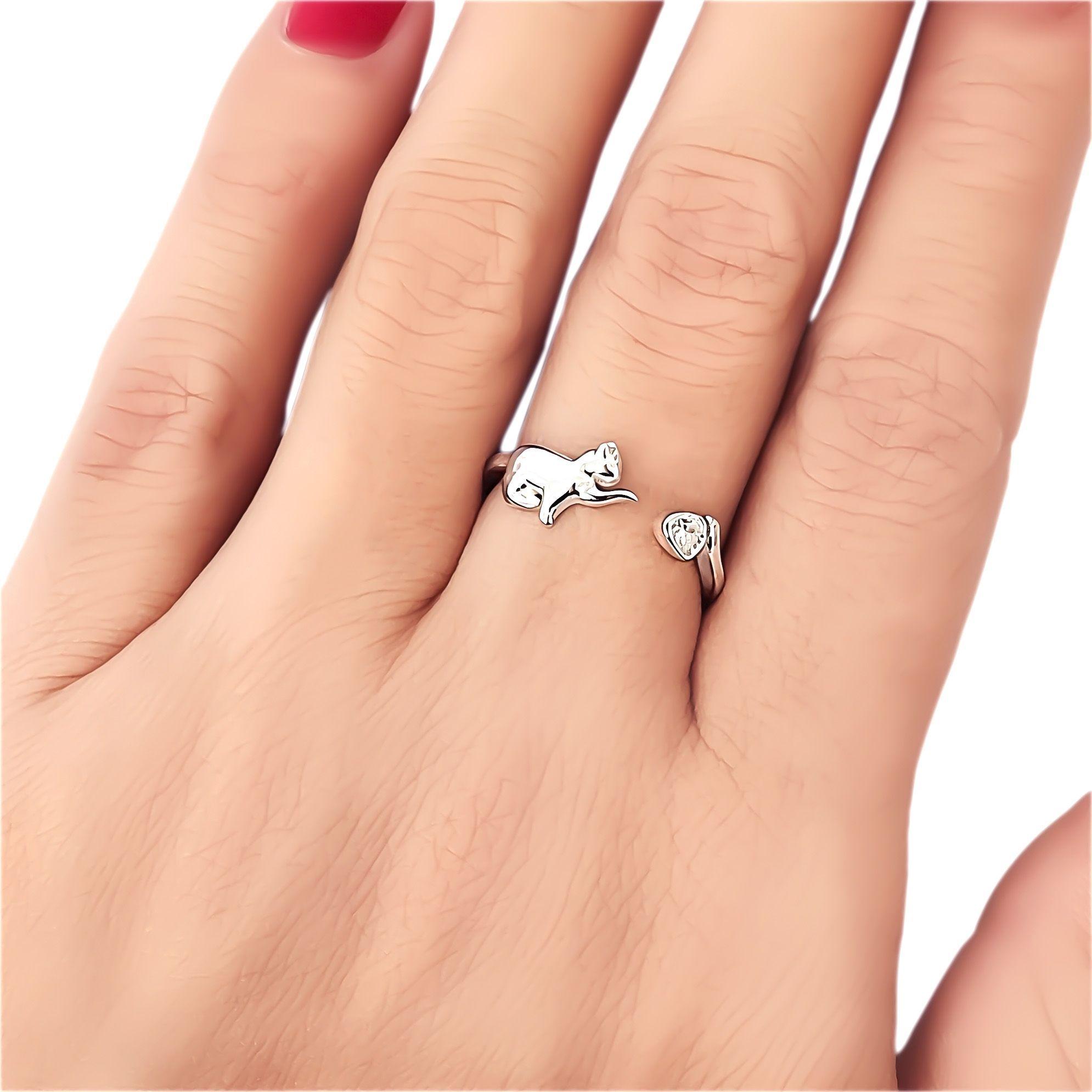 Anillo Gato Coraz n Circ n Adaptable Plata Fina 925-2