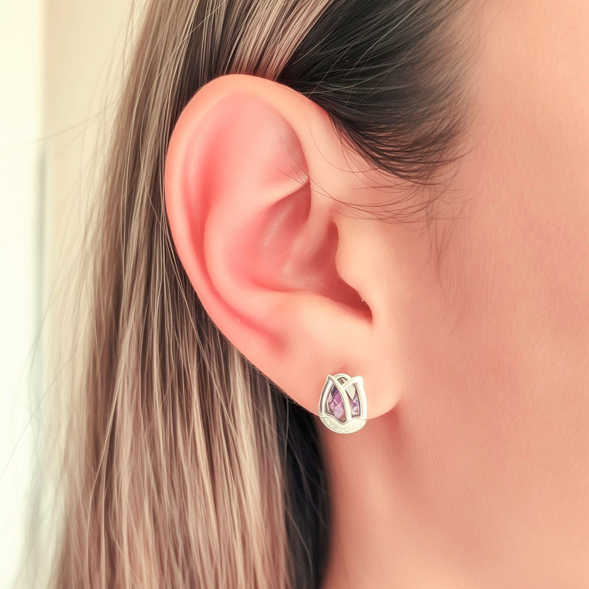 Aros Tulipán Circón Morado Facetado Plata Fina 925-2