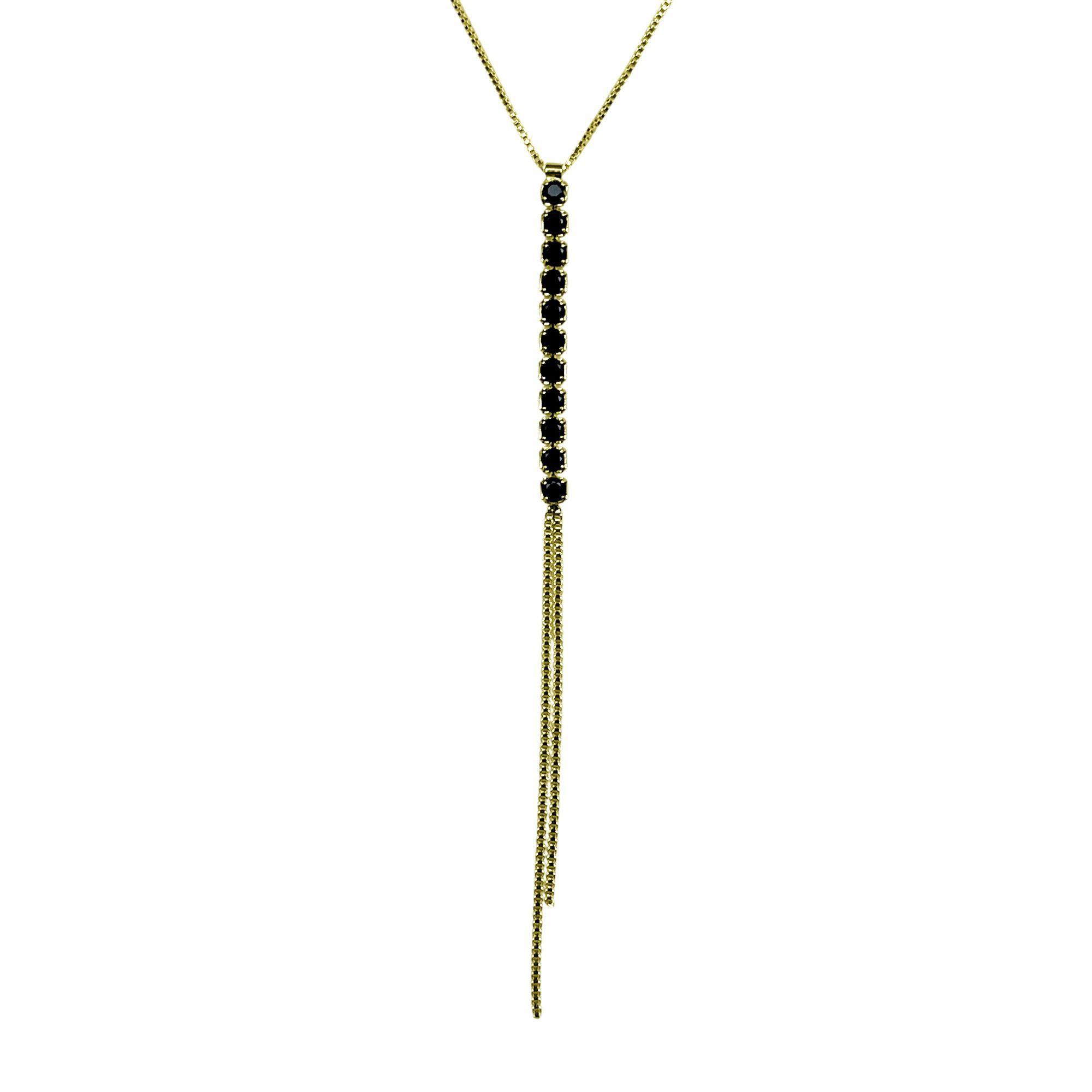Collar Corbatero Barra Circón Negro Colgante Enchapado Oro 18K-3