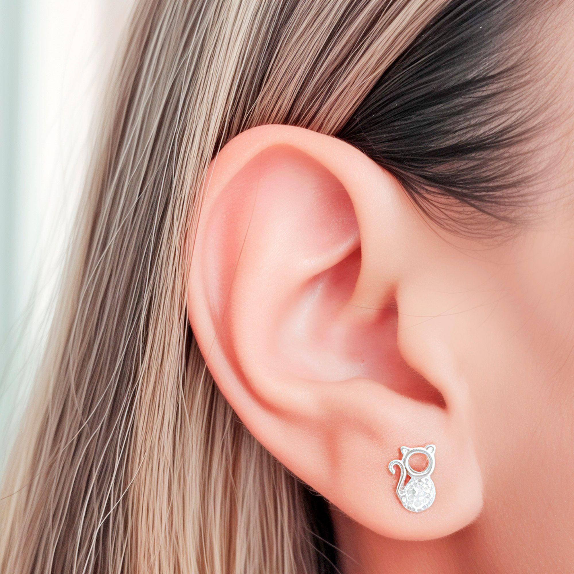 Aros Mini Gato Circón Blanco Plata Fina 925-2