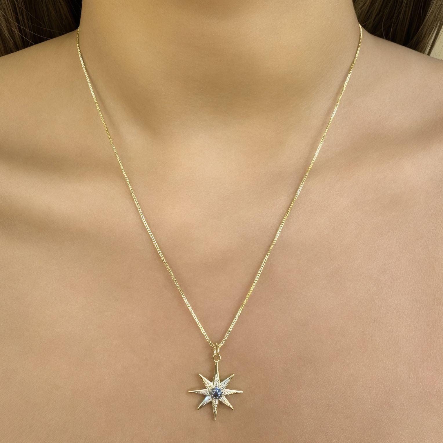 Collar Estrella Centro Azul Circón Enchapado Oro 18K-2