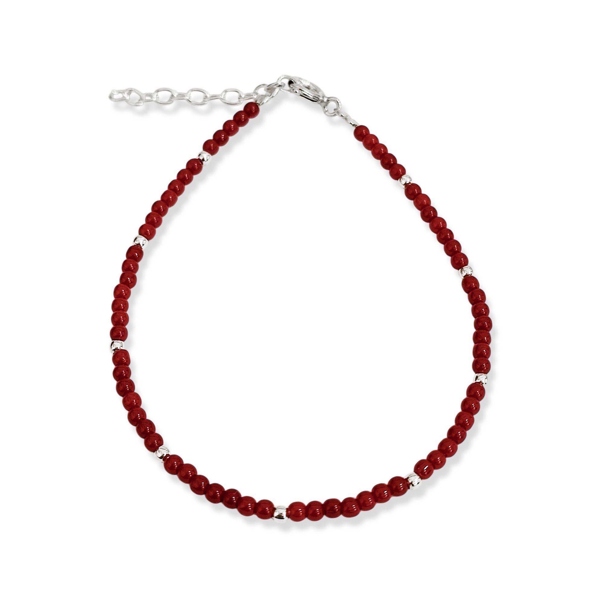 Pulsera Cristal Rojo Oscuro Bolitas Plata Fina 925-2