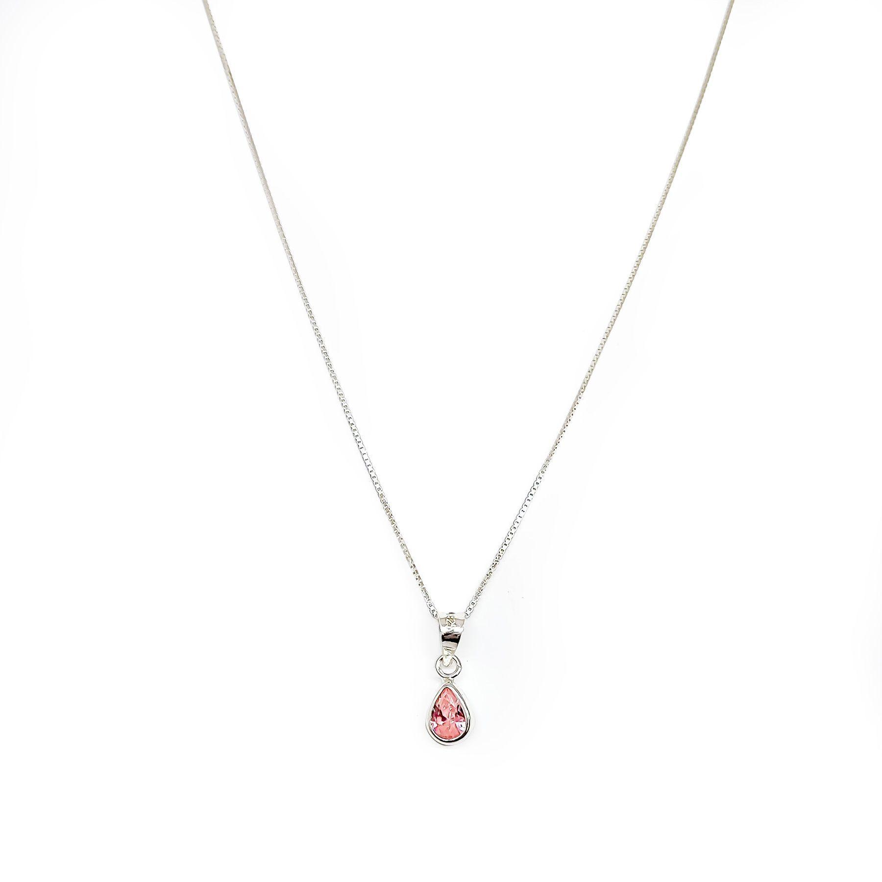 Collar Gota Circón Rosado Plata Fina 925-2