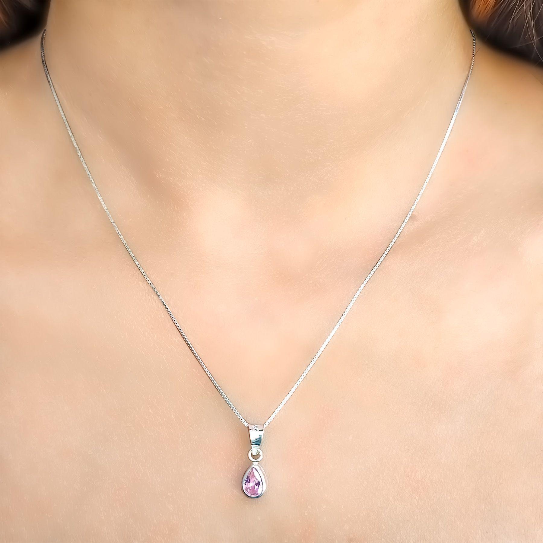 Collar Gota Circón Rosado Plata Fina 925-3