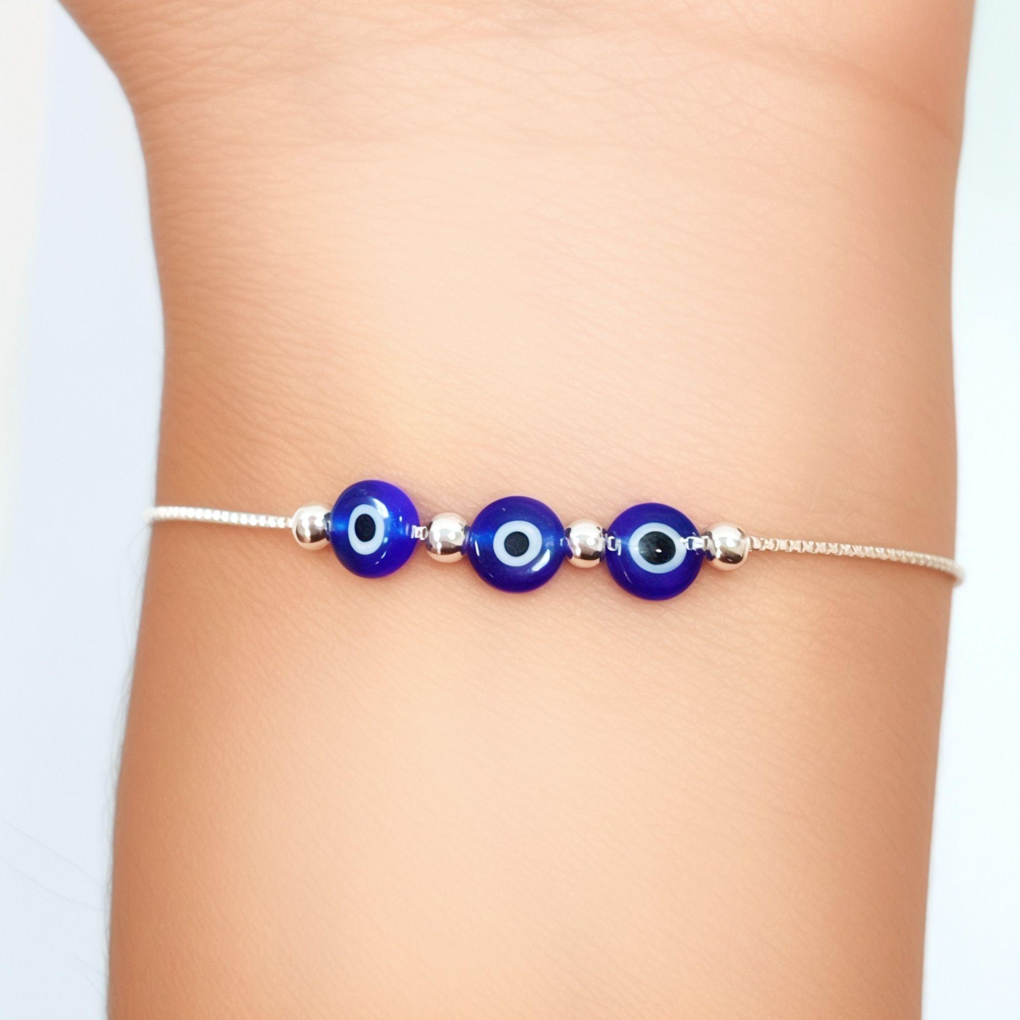 Pulsera 3 Ojos Turcos Azul Bolitas Plata Fina 925 Adaptable-2