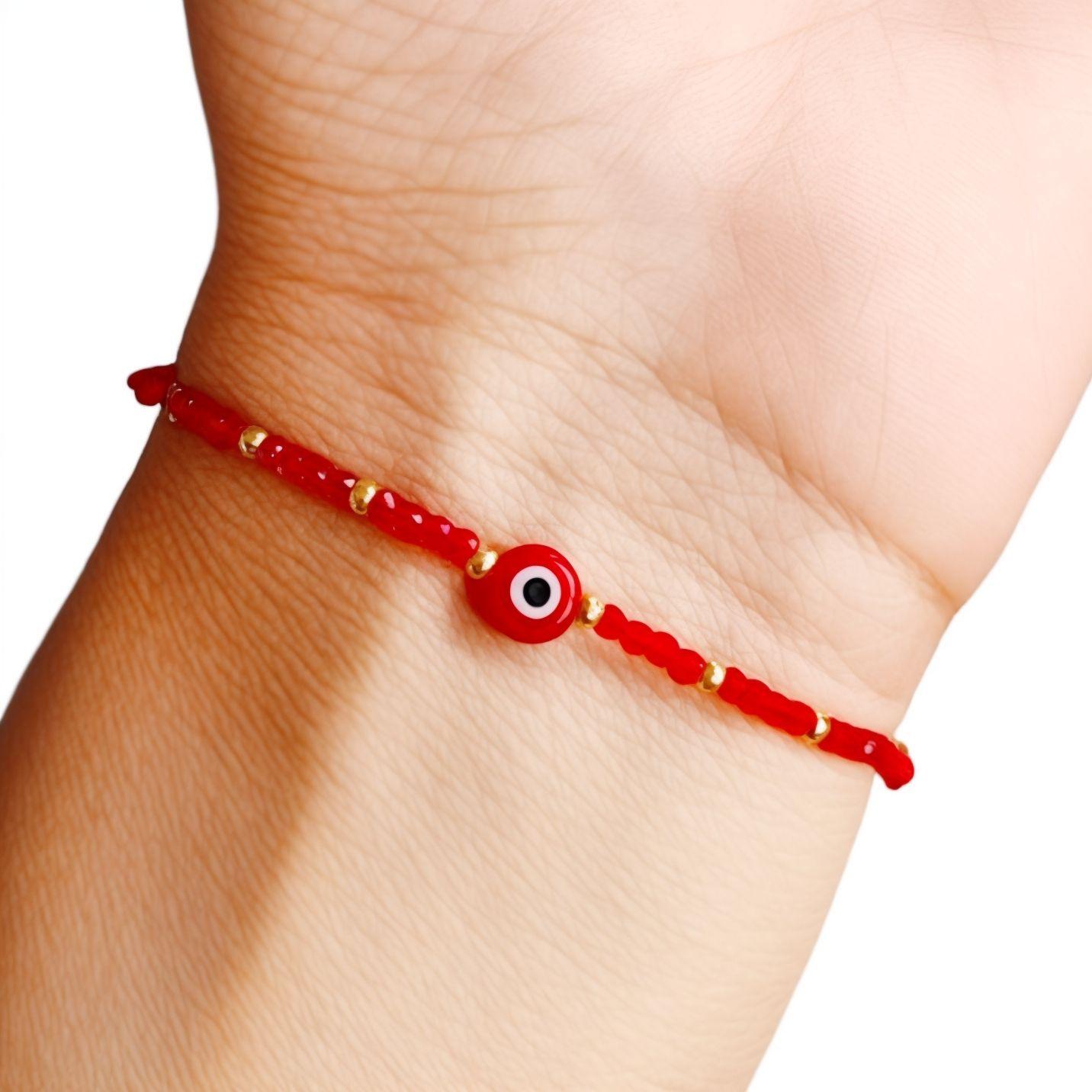 Pulsera Cristales Rojo Ojo Turco Enchapado Oro 18K Cordón Rojo-3