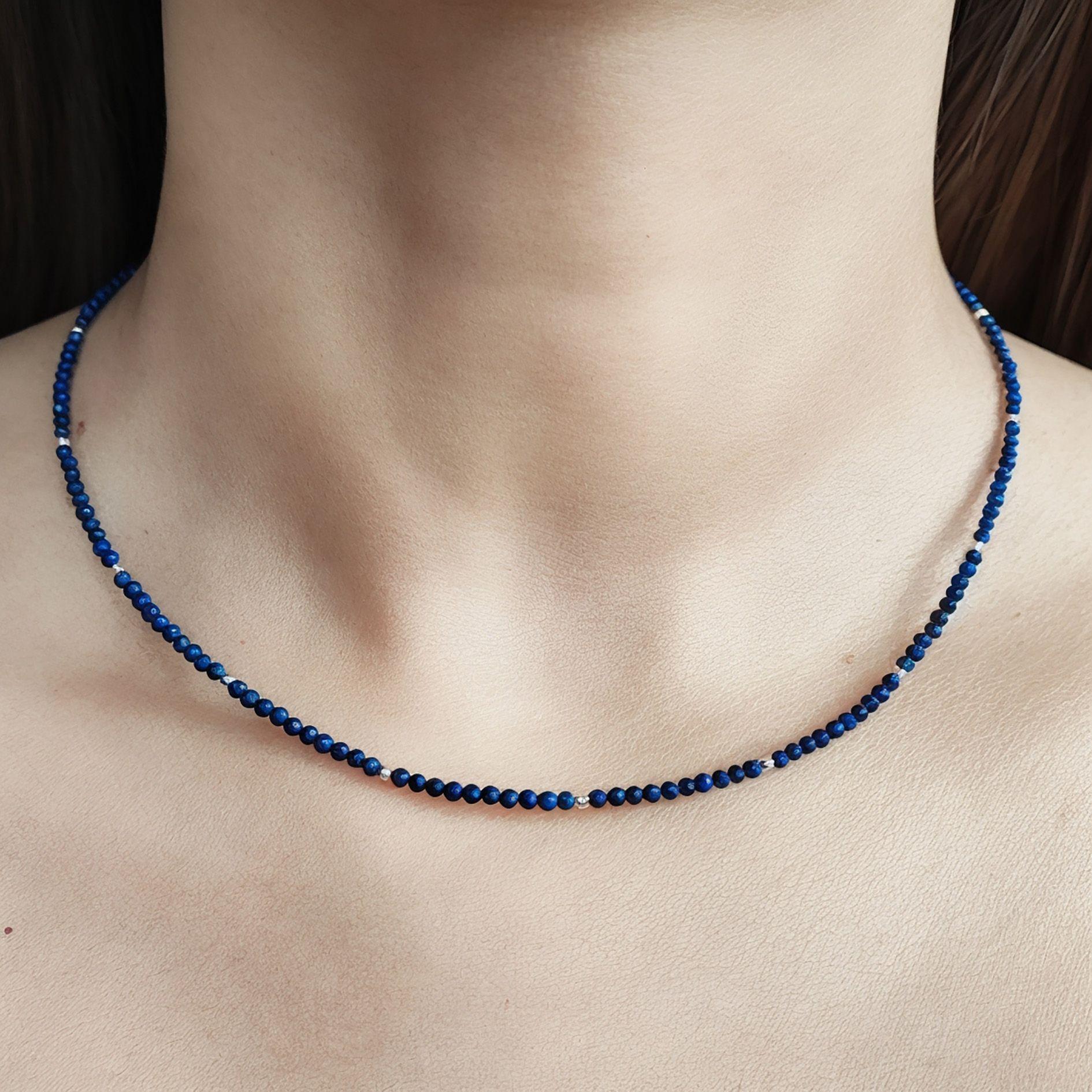 Collar Lapislázuli Facetado 3mm Bolita Plata Fina 925-3
