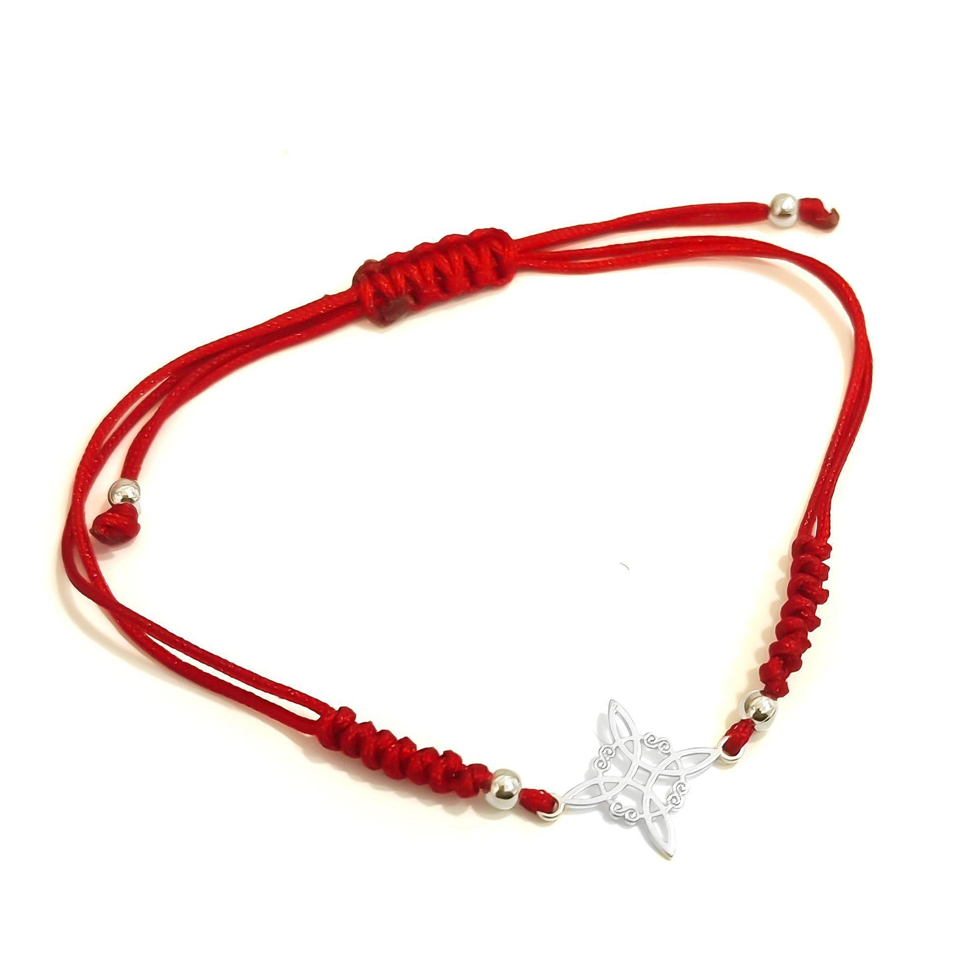 Pulsera Nudo De Bruja Plano Cordón Rojo Plata Fina 925-0