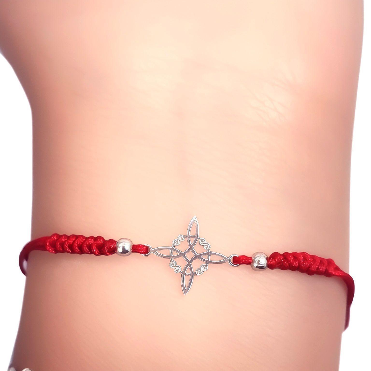 Pulsera Nudo De Bruja Plano Cordón Rojo Plata Fina 925-2