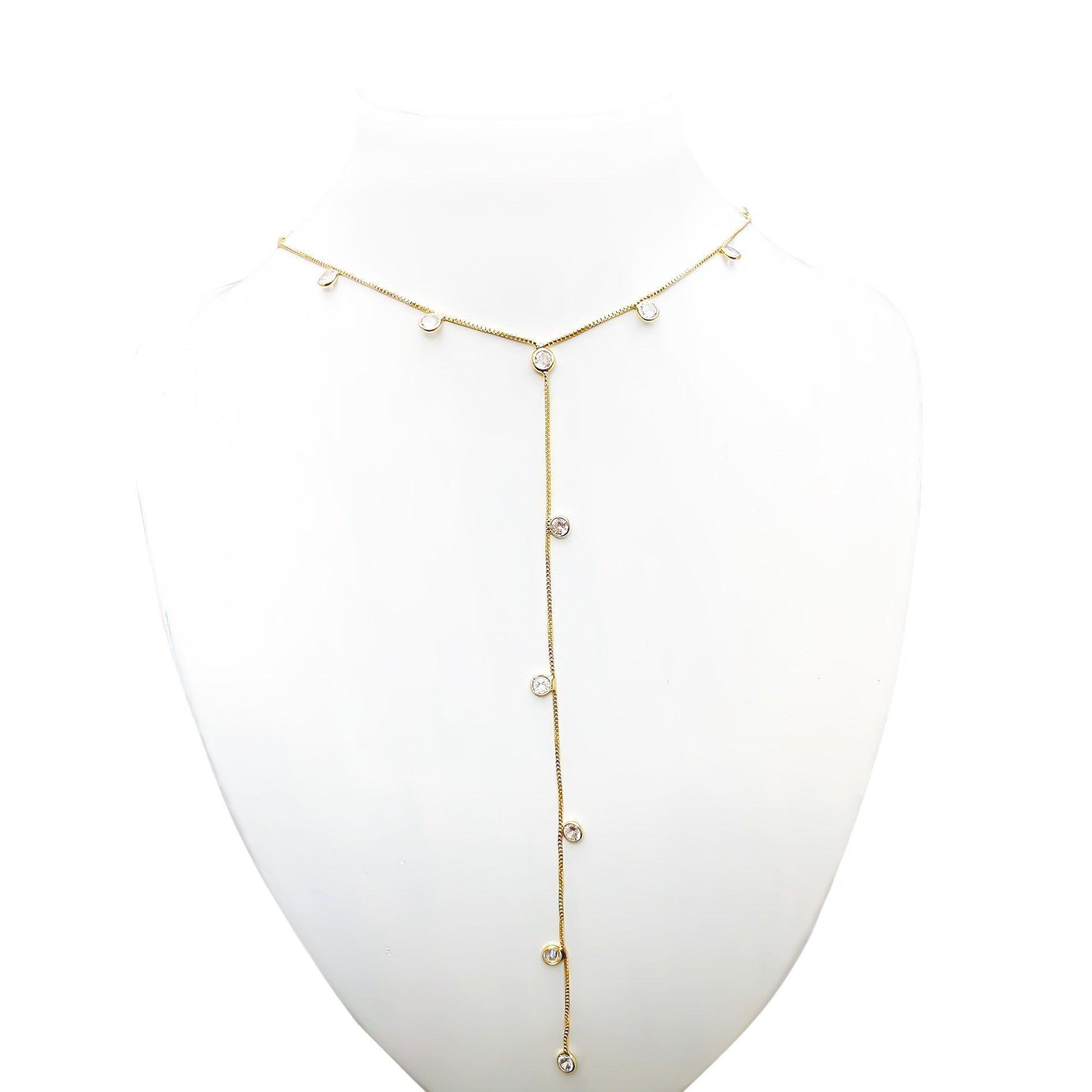 Collar Corbatero 16 Circones Blancos Enchapado Oro 18K-2