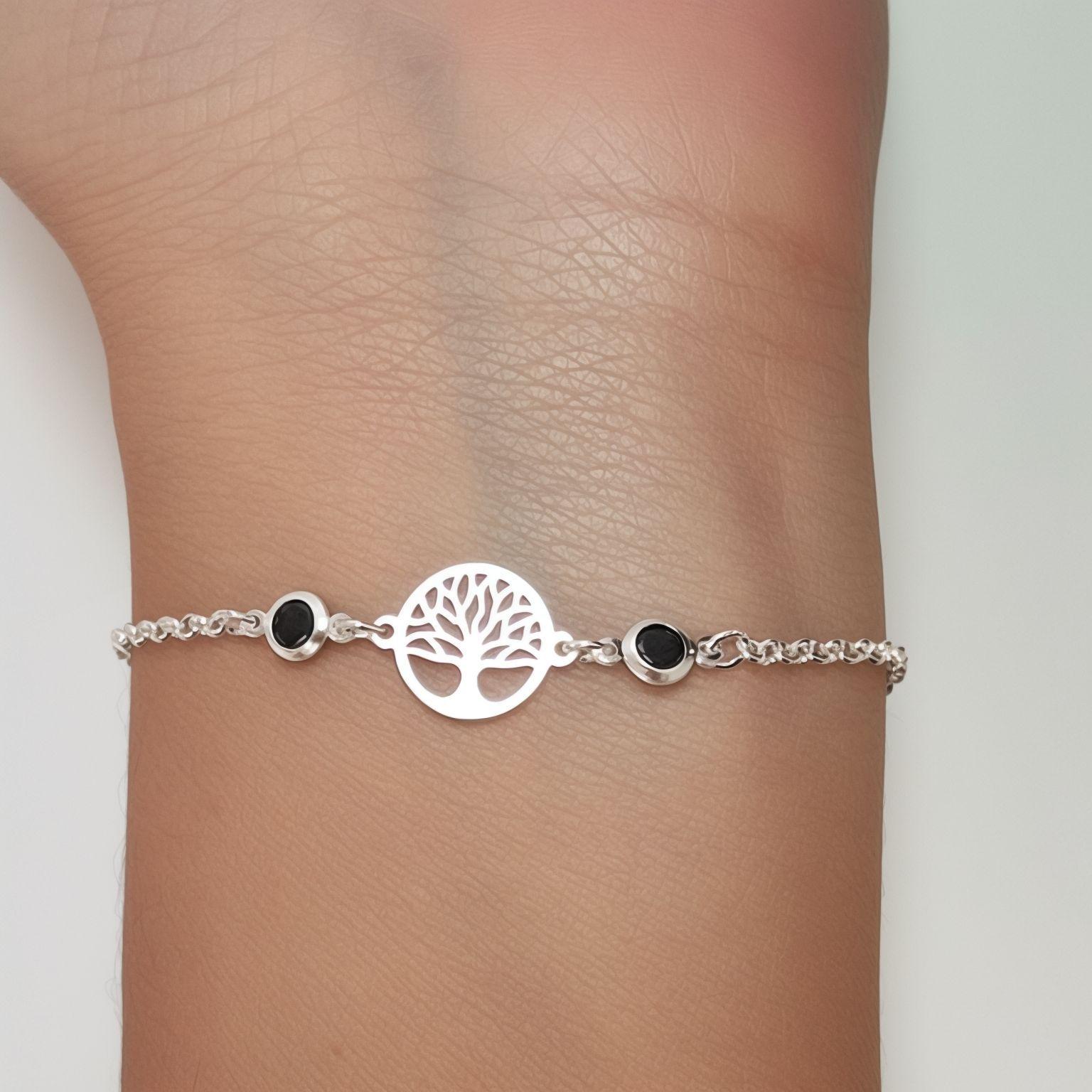 Pulsera rbol De La Vida Circ n Negro Plata Fina 925-2