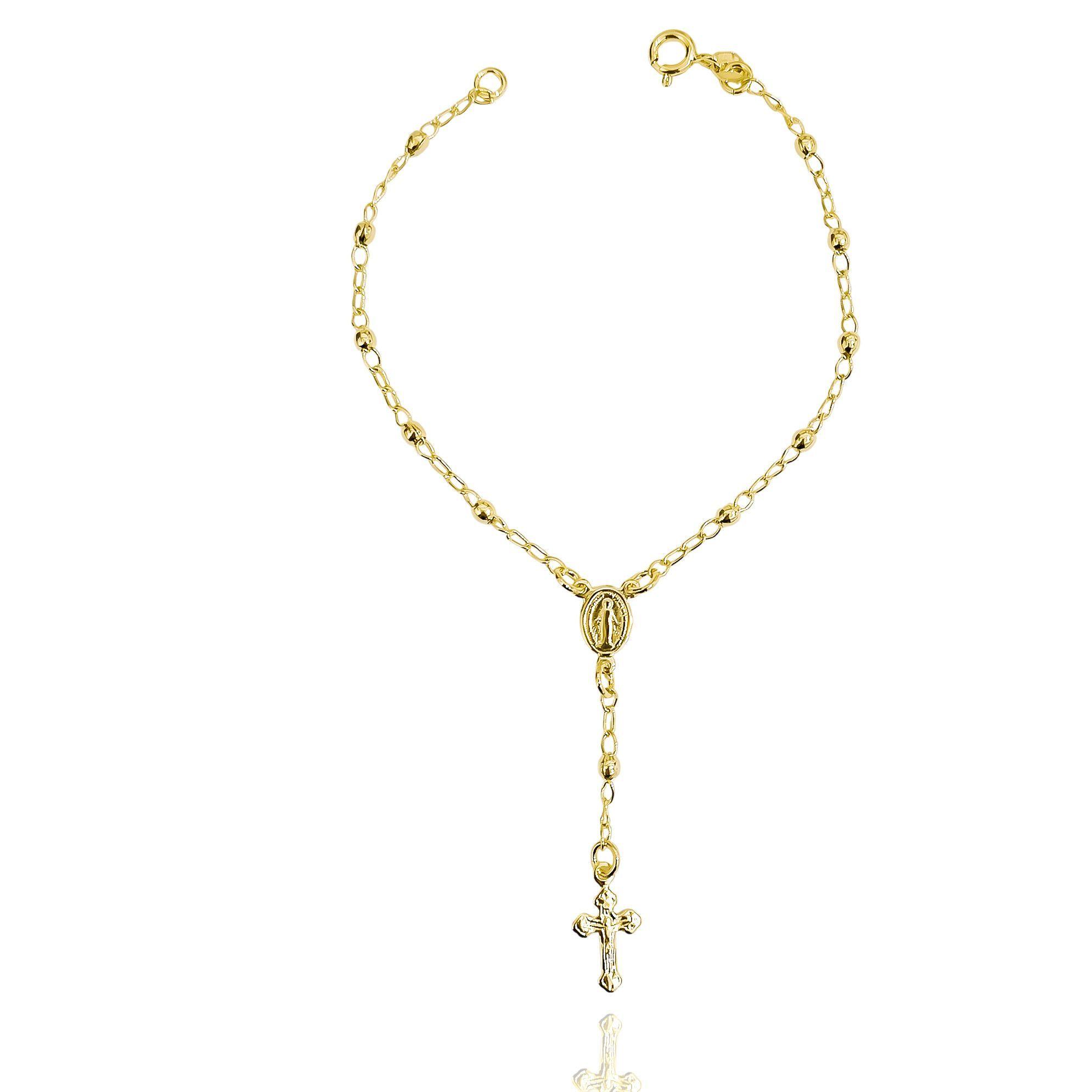 Pulsera Denario Virgen Rayos Cruz Cristo Bolitas Enchapado Oro 18K-2