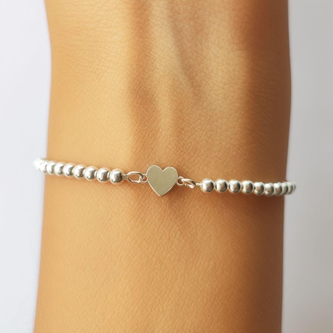 Pulsera Corazón Bolitas Plata Fina 925-2