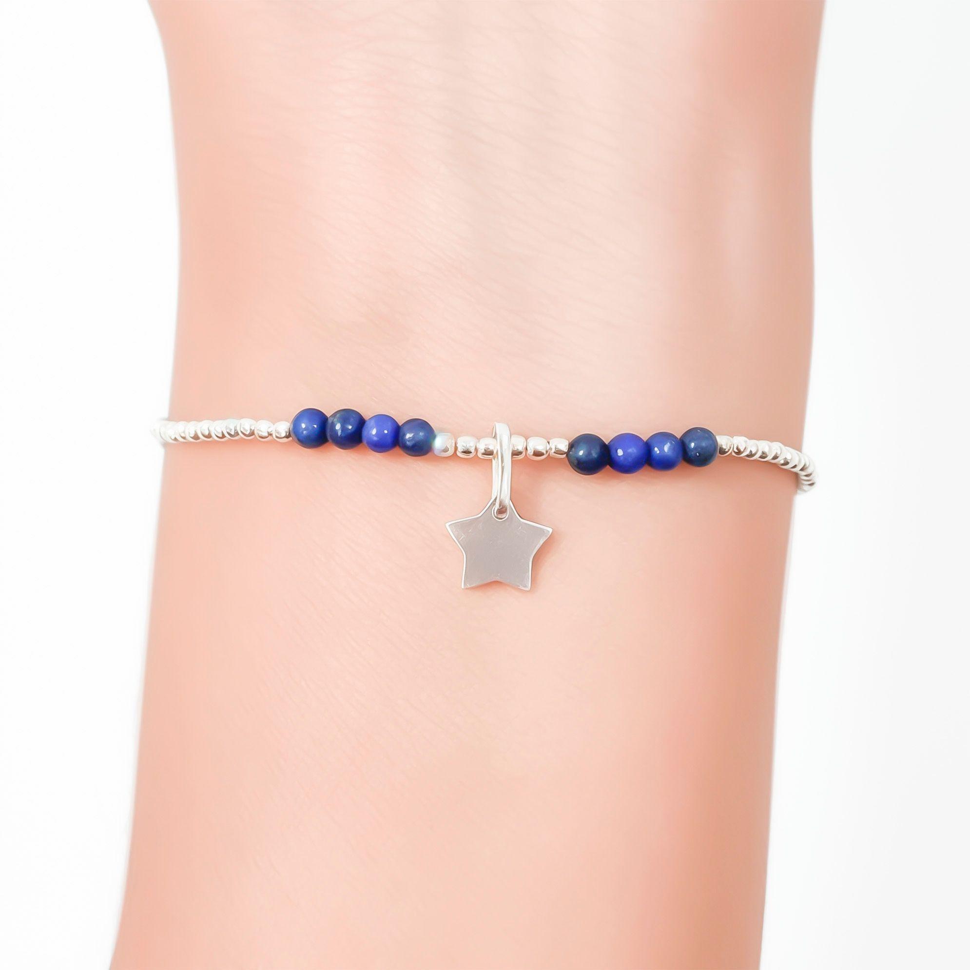 Pulsera Lapislázuli Estrella Bolitas Plata Fina 925 Elásticada -2