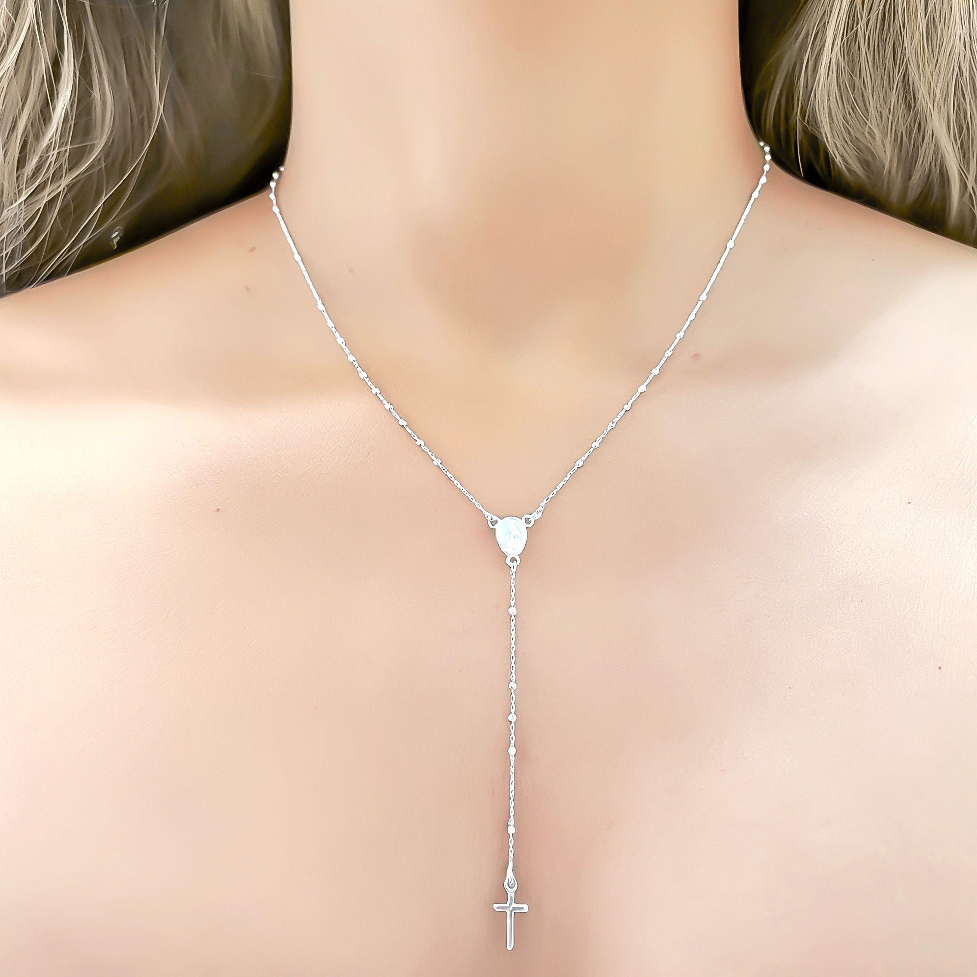 Collar Rosario Virgen De Los Rayos Mini Cadena Limada Plata Fina 925-3