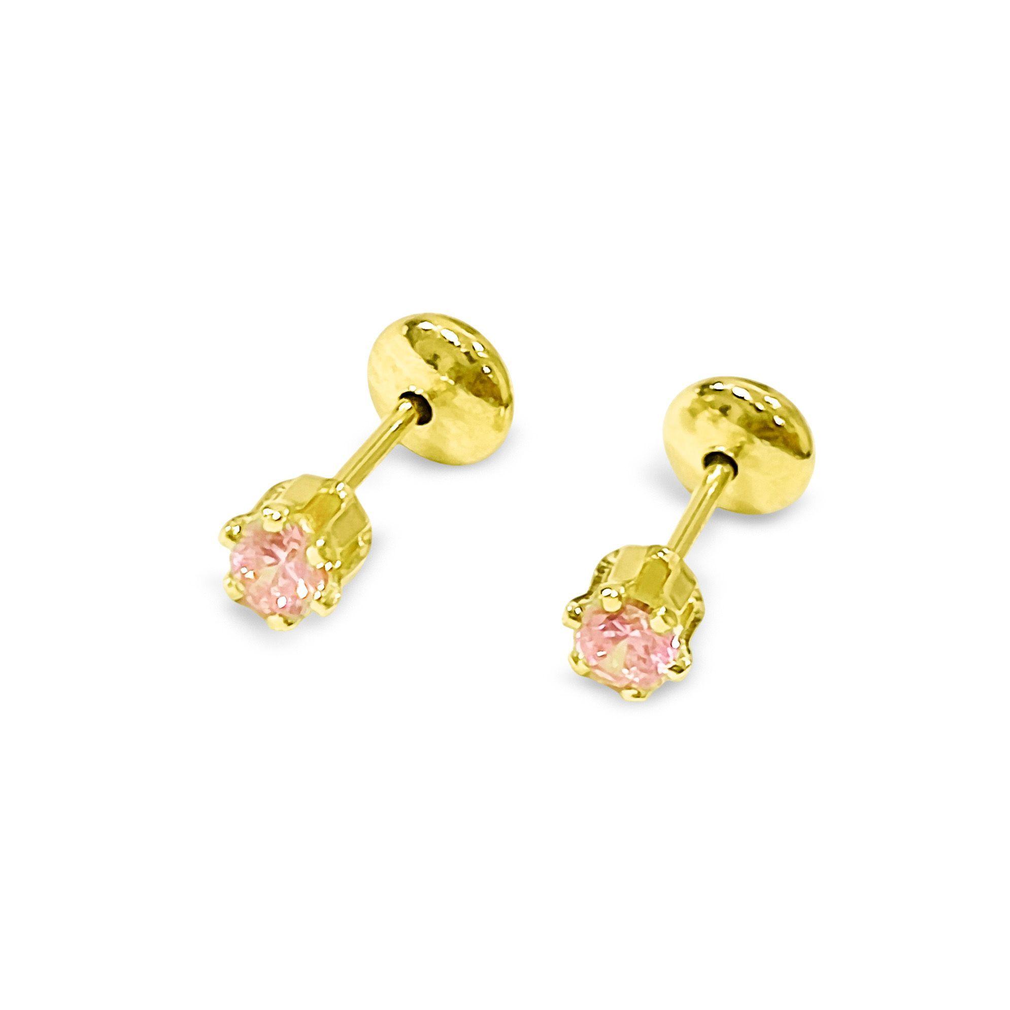 Aros Bebé Solitario Circón Rosado 4mm Enchapado Oro 18K-2