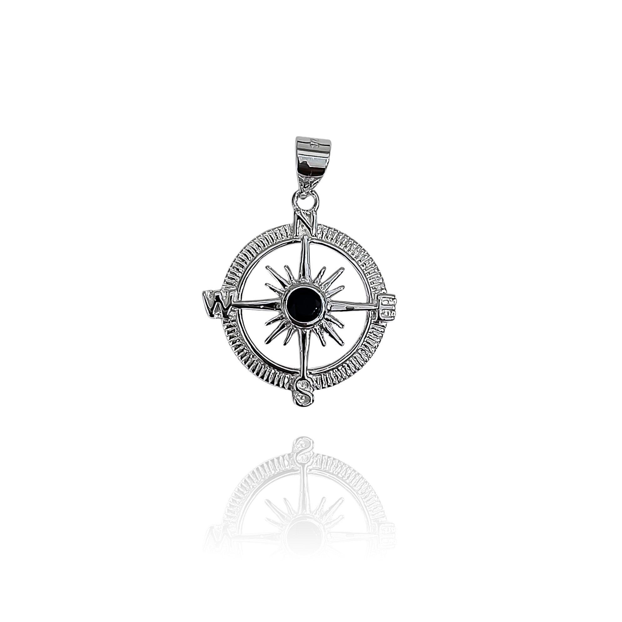 Colgante Rosa De Los Vientos Circón Negro Plata Fina 925-2