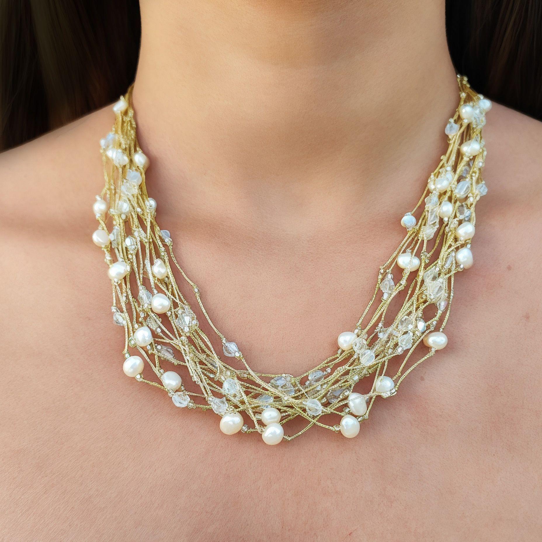 Collar Perla Río Blanca Cristal Hilo Seda Dorado-2