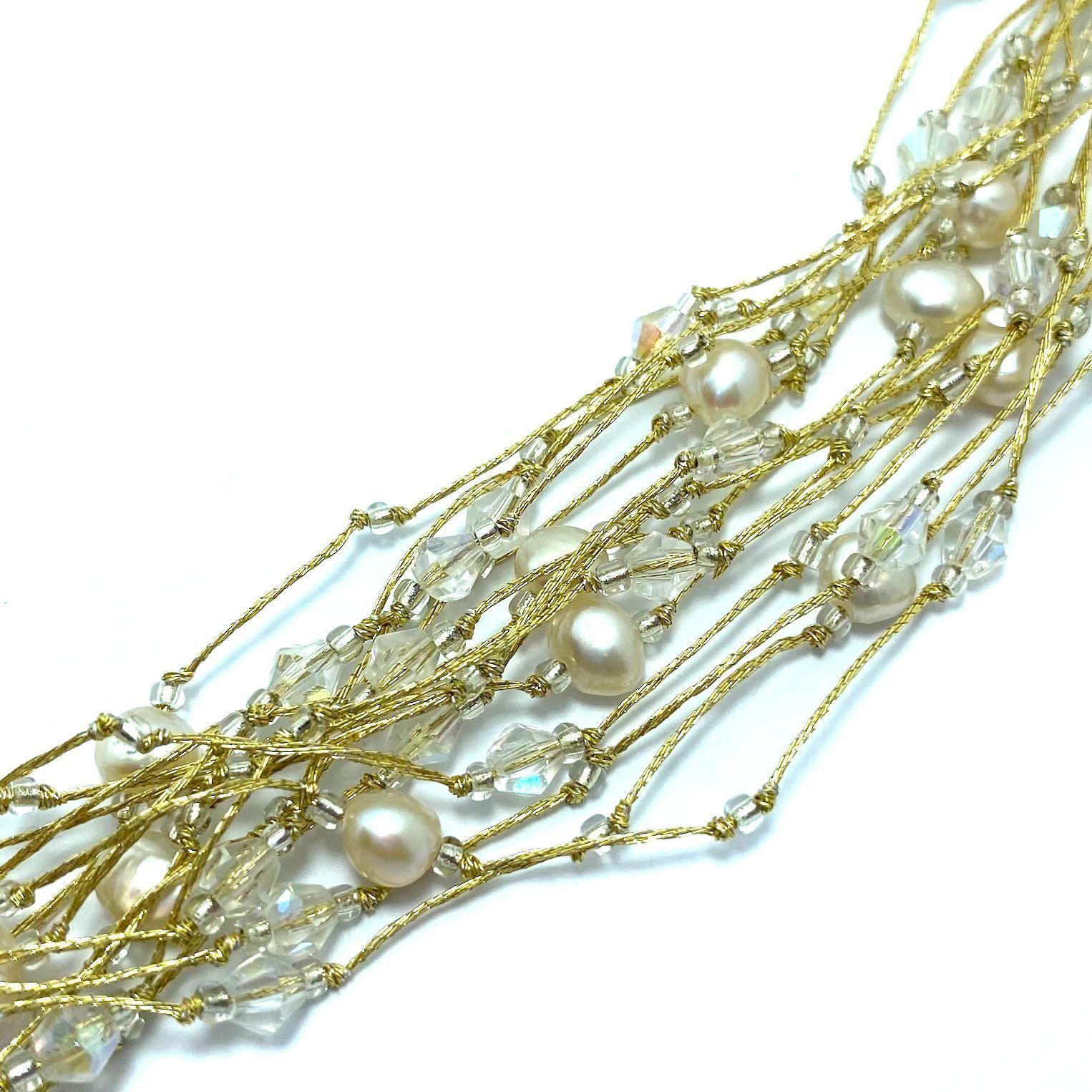 Collar Perla Río Blanca Cristal Hilo Seda Dorado-2