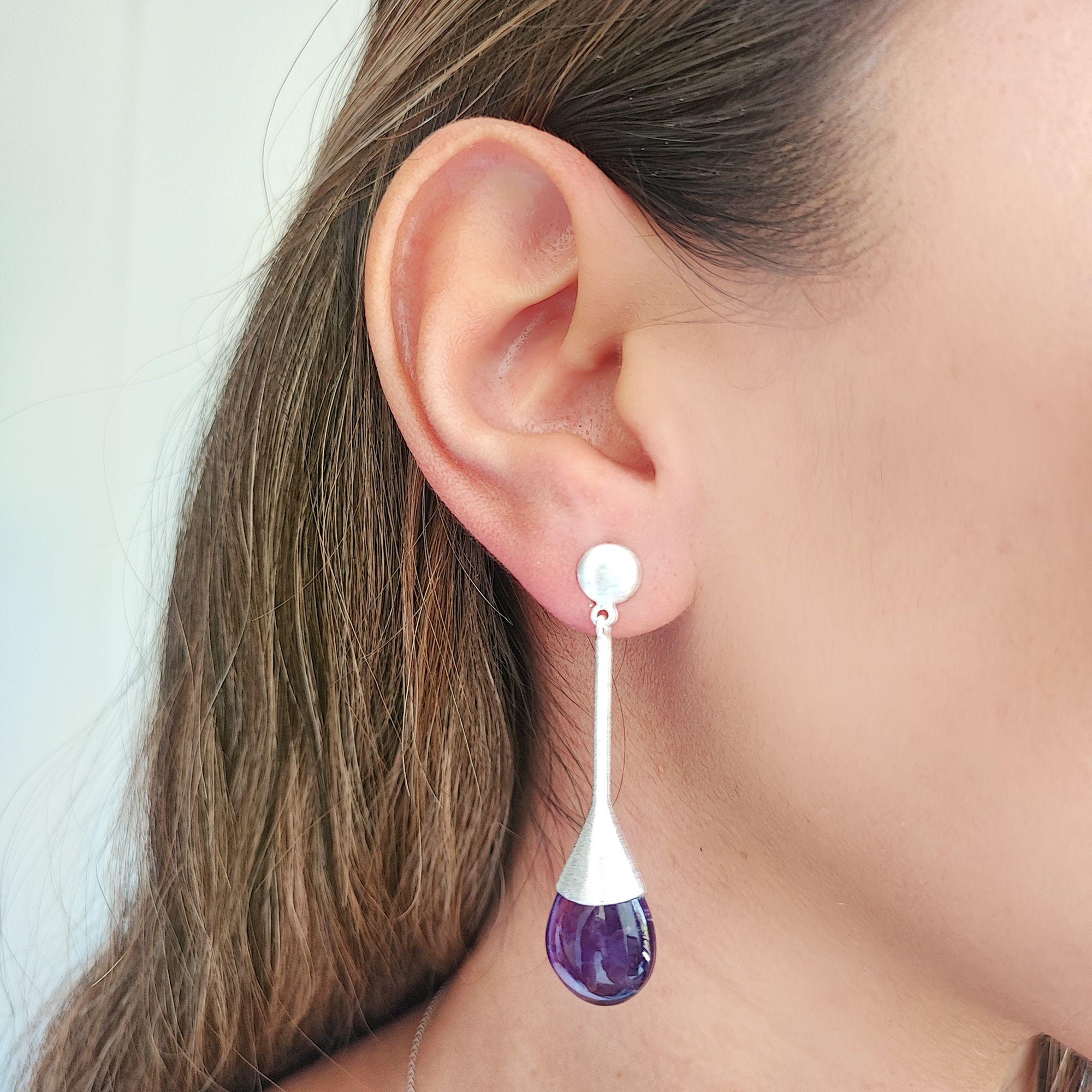 Aros Amatista Gota Plata Fina 925 Satinado-2