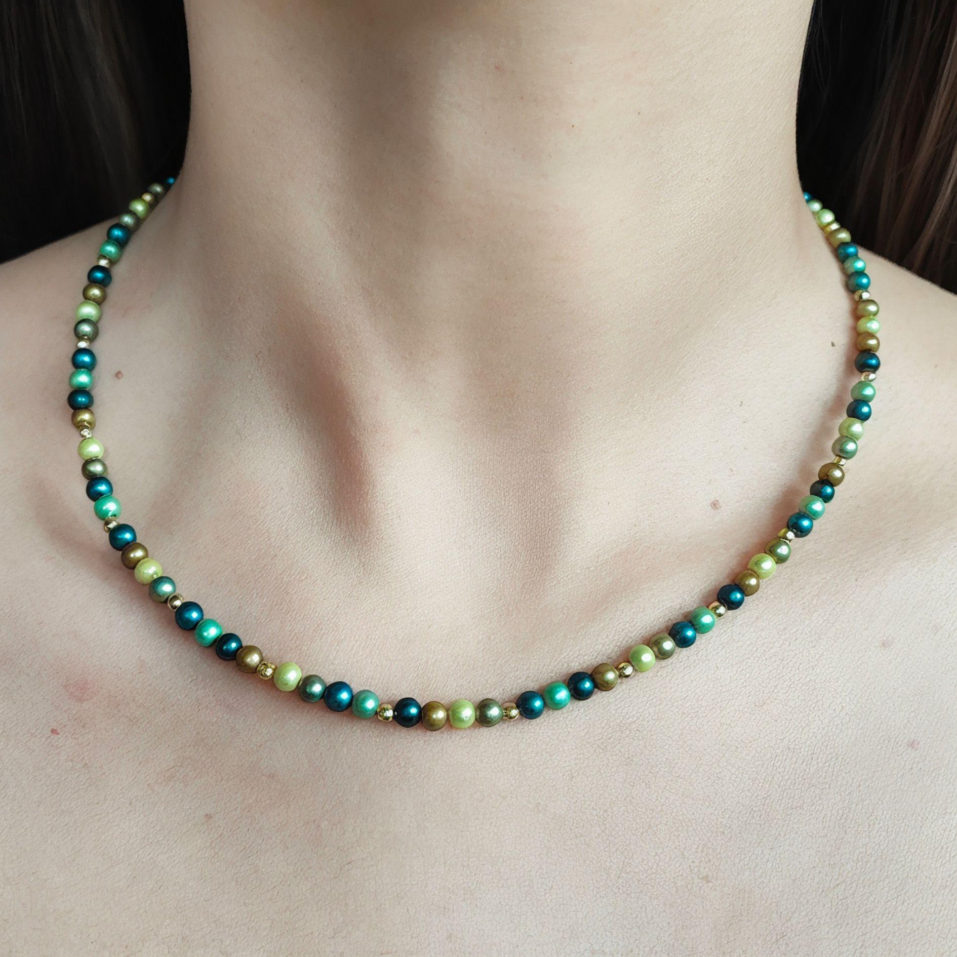 Collar Perlas Shellpearl Verde Café 4mm Enchapado Oro 18K-3