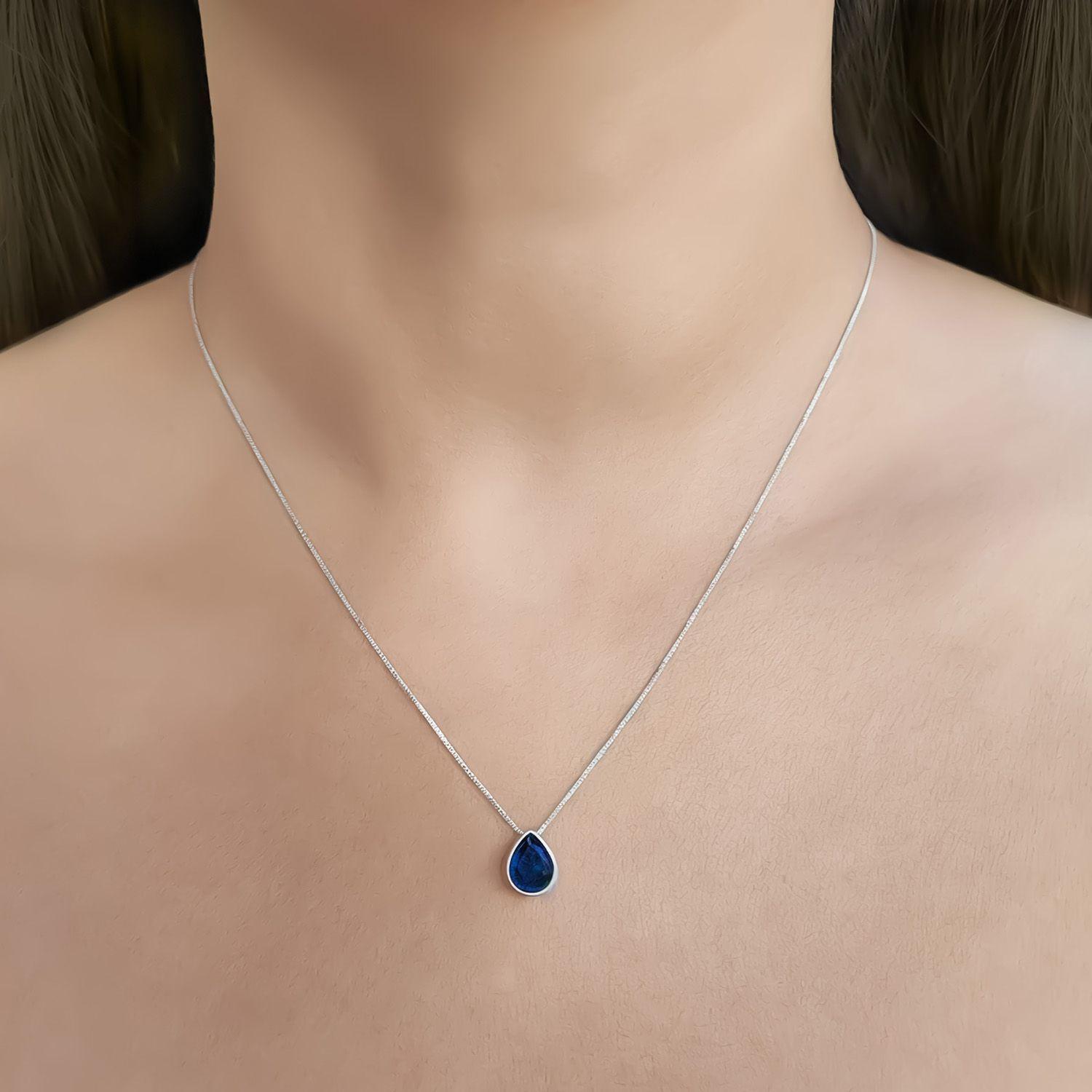 Collar Punto De Luz Gota Azul 45cm Plata Fina 925-1