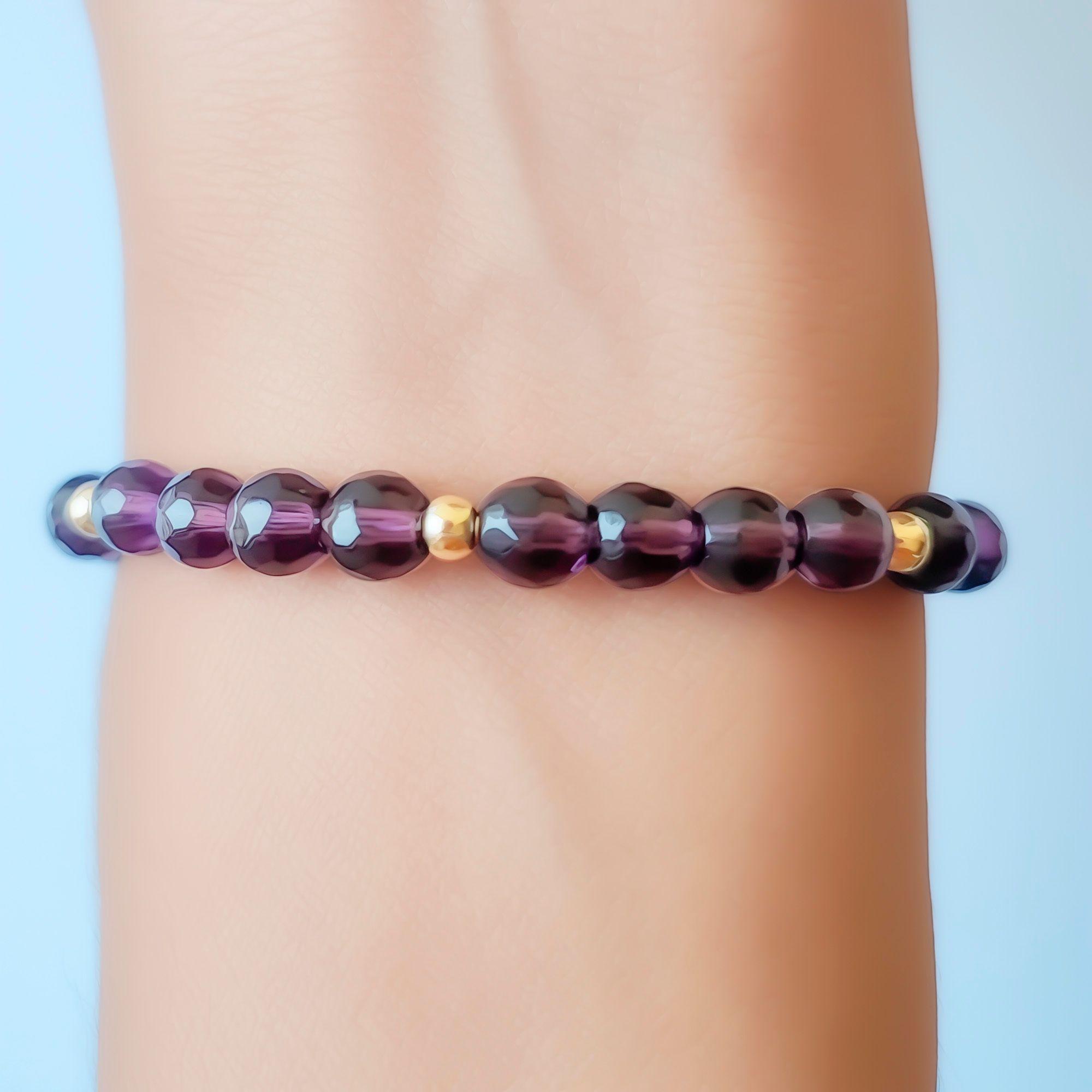 Pulsera Turmalina Morado 6mm Bolitas Enchapado Oro 18K-2