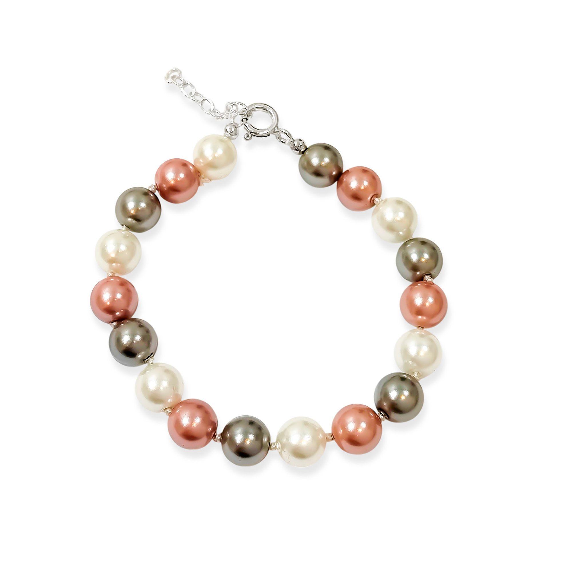 Pulsera Perla Shellpearl Gris Blanco Rosado 8mm Plata Fina 925-0