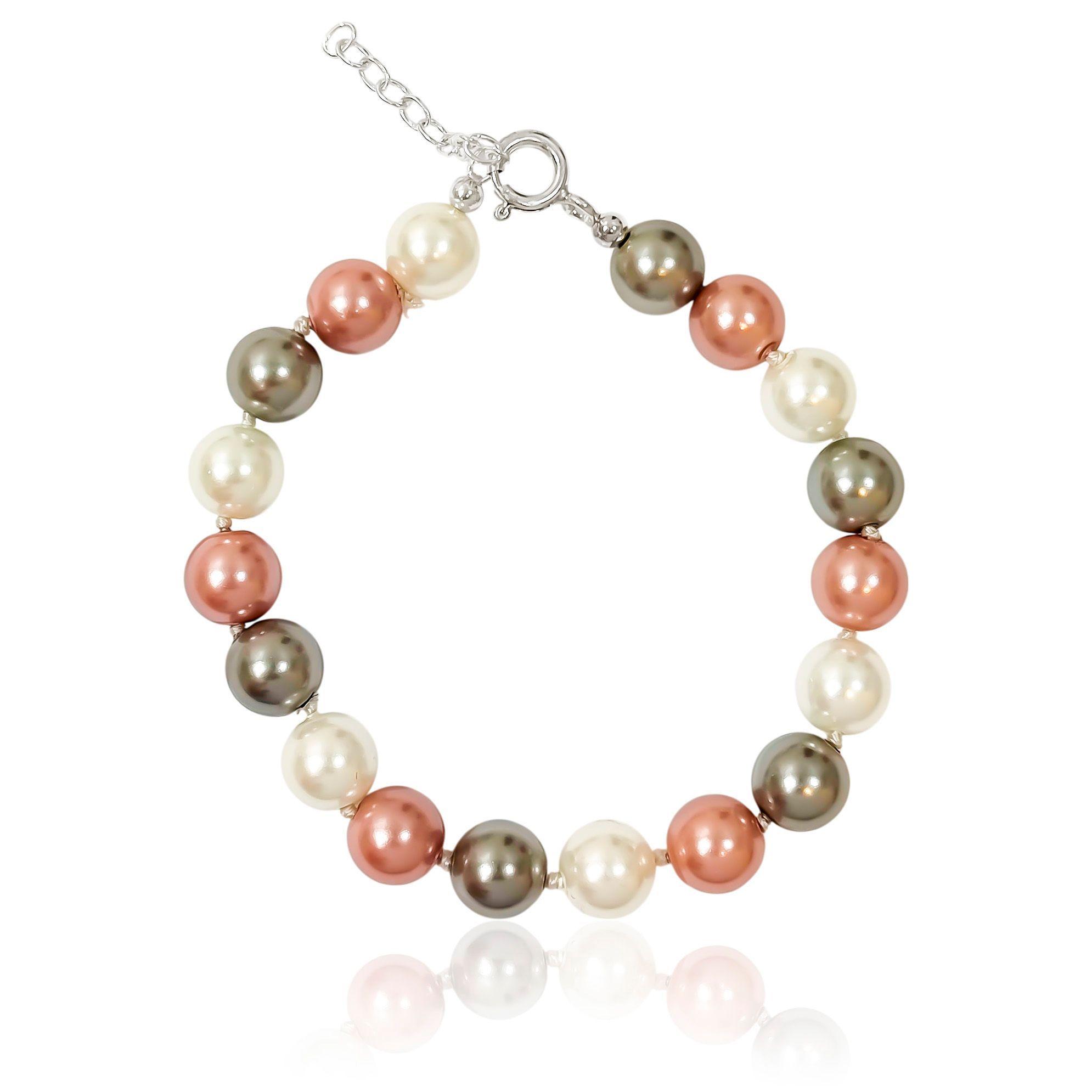 Pulsera Perla Shellpearl Gris Blanco Rosado 8mm Plata Fina 925-1