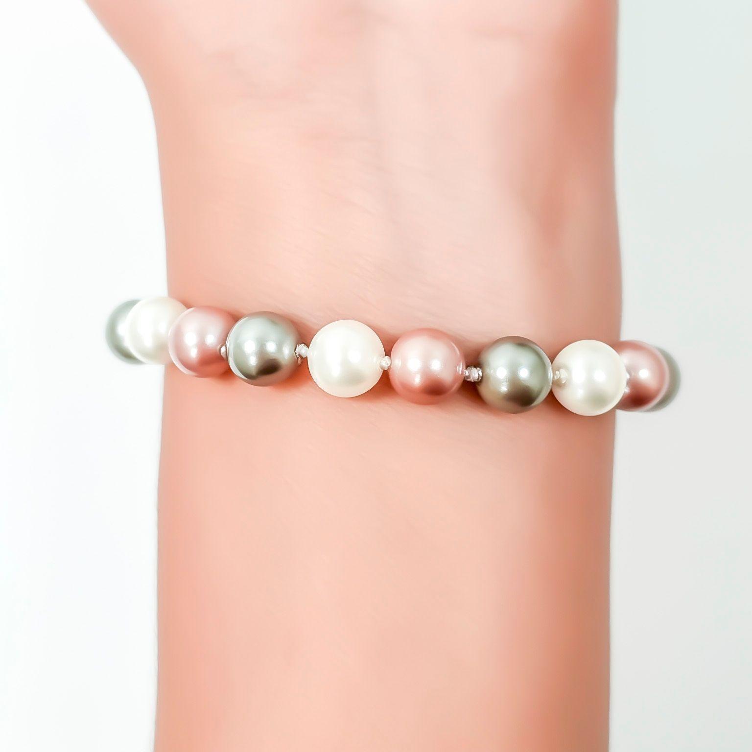 Pulsera Perla Shellpearl Gris Blanco Rosado 8mm Plata Fina 925-2