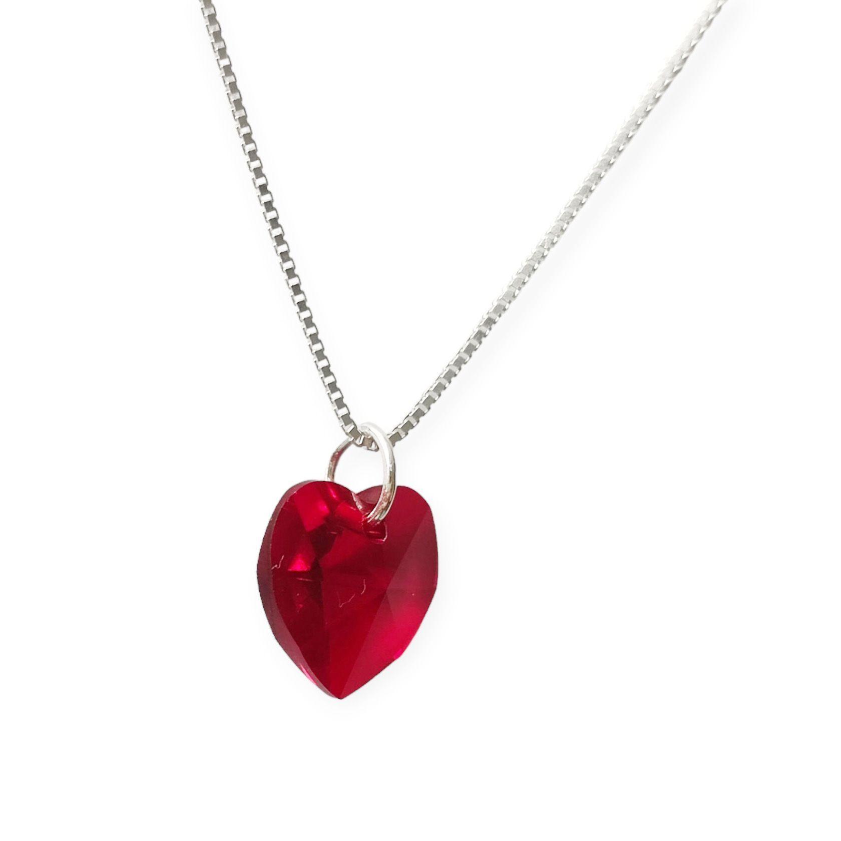 Collar Corazón Cristal Rojo Plata Fina 925-2