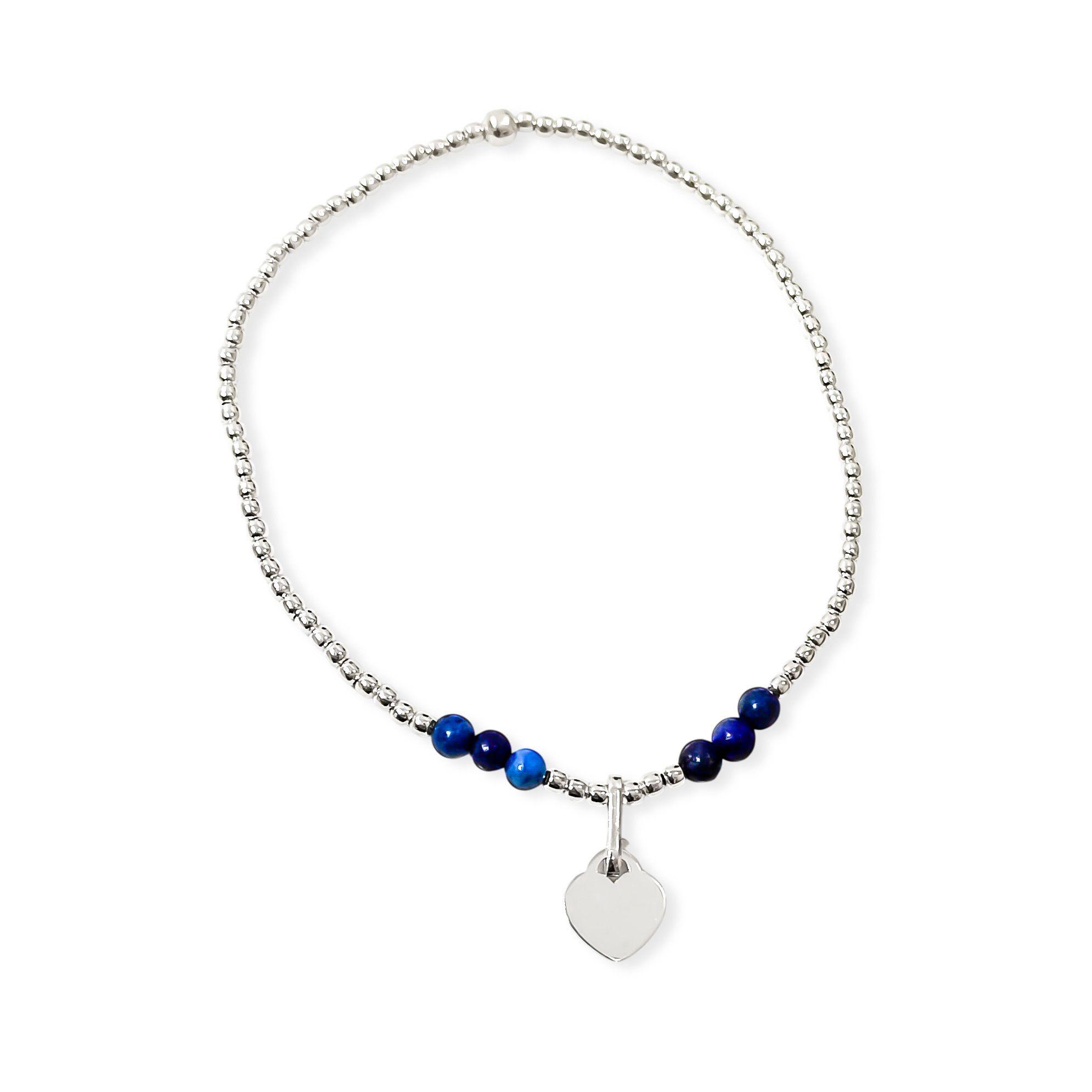 Pulsera Lapislázuli Corazón Bolitas Plata Fina 925 Elásticada -0