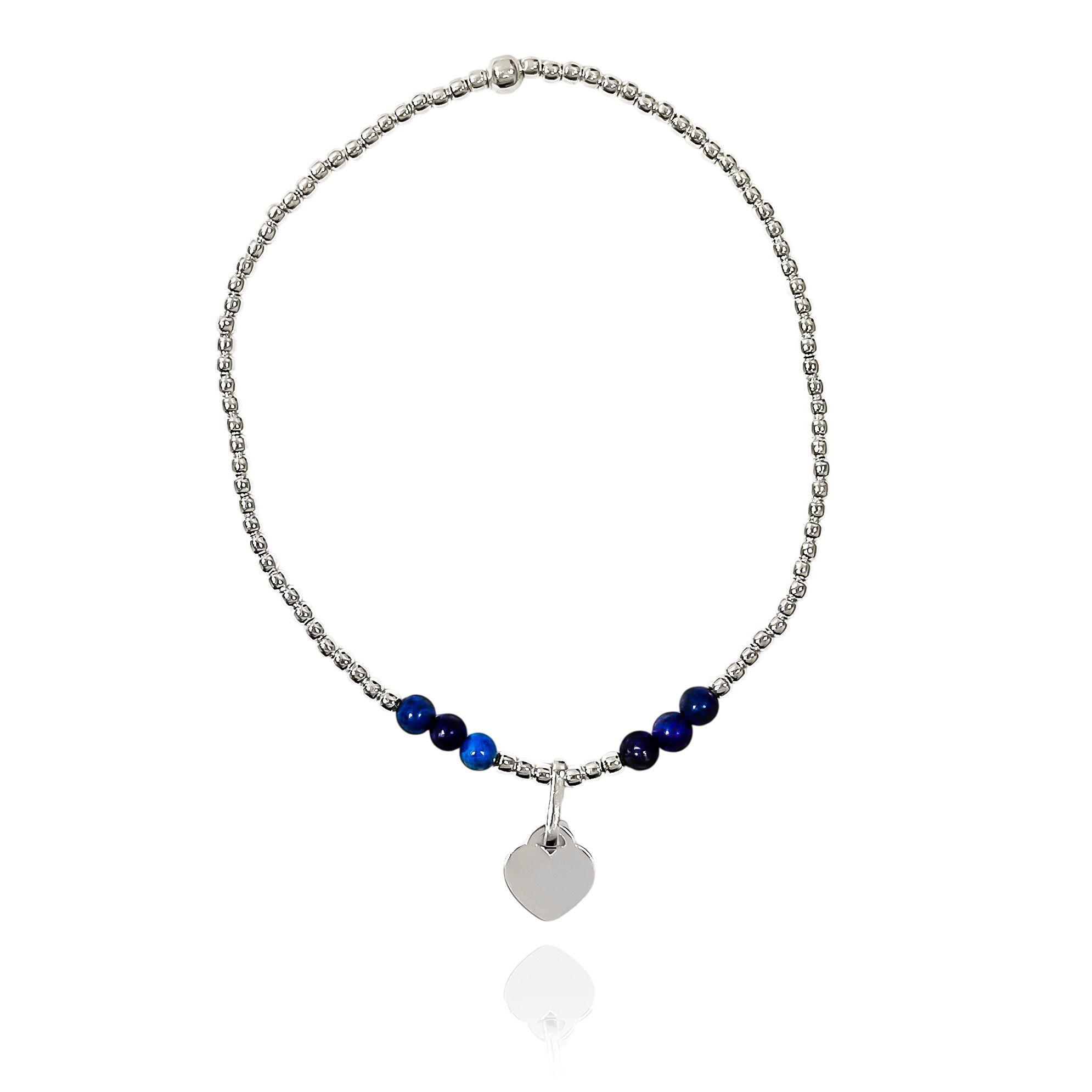 Pulsera Lapislázuli Corazón Bolitas Plata Fina 925 Elásticada -1
