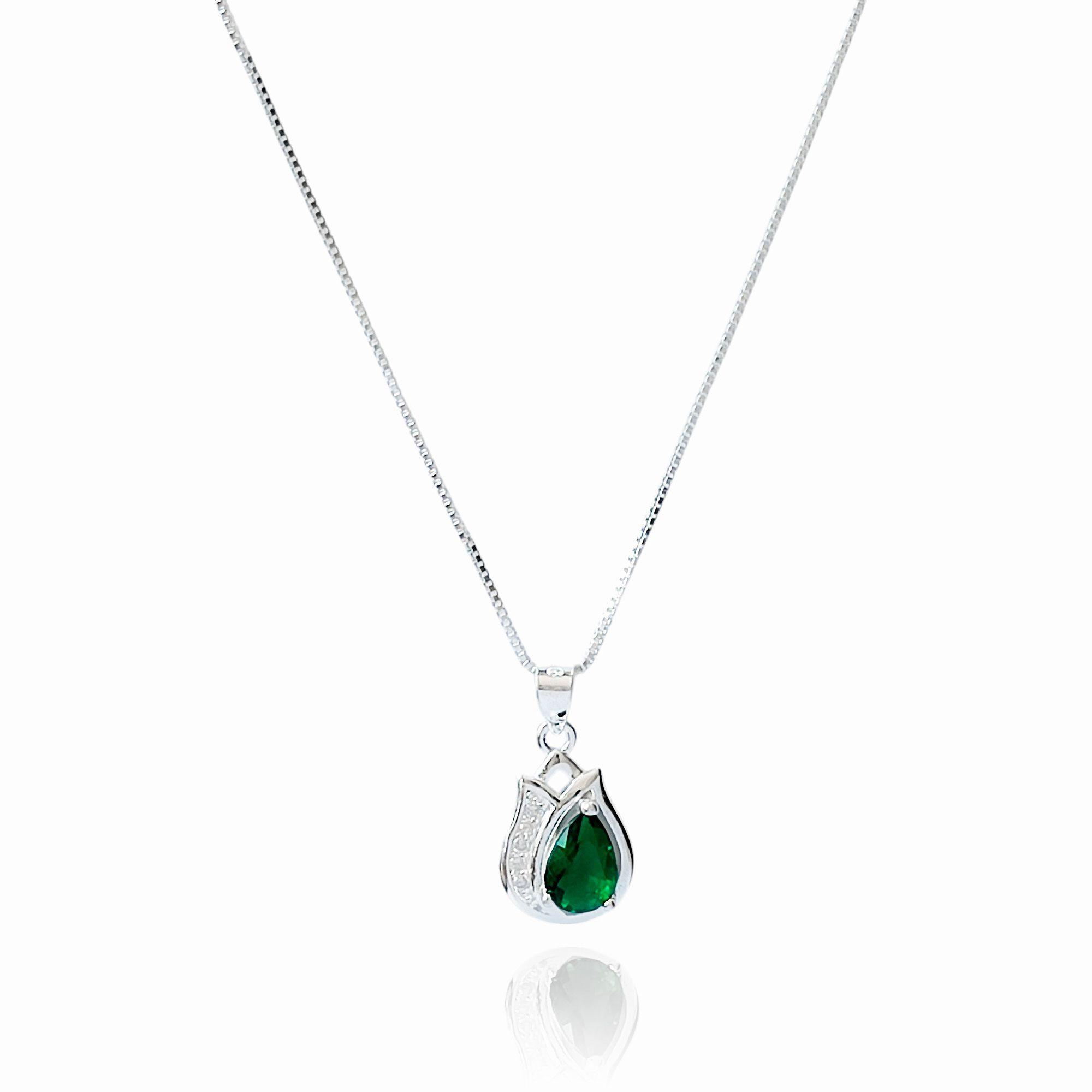 Collar Tulipán Circón Verde Plata Fina 925 -0