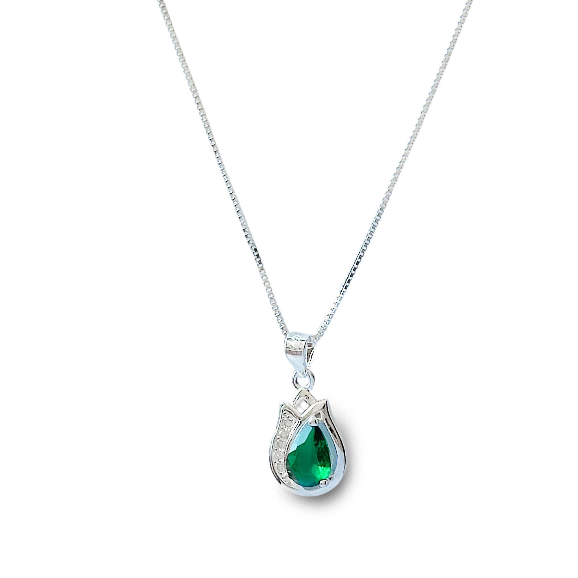 Collar Tulipán Circón Verde Plata Fina 925 -1