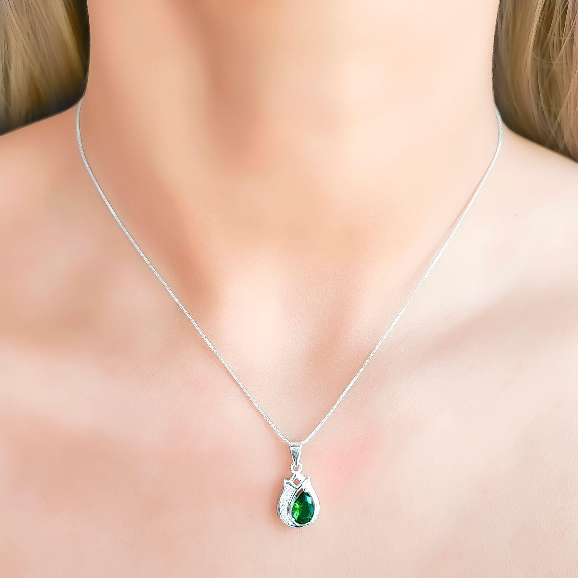 Collar Tulipán Circón Verde Plata Fina 925 -2