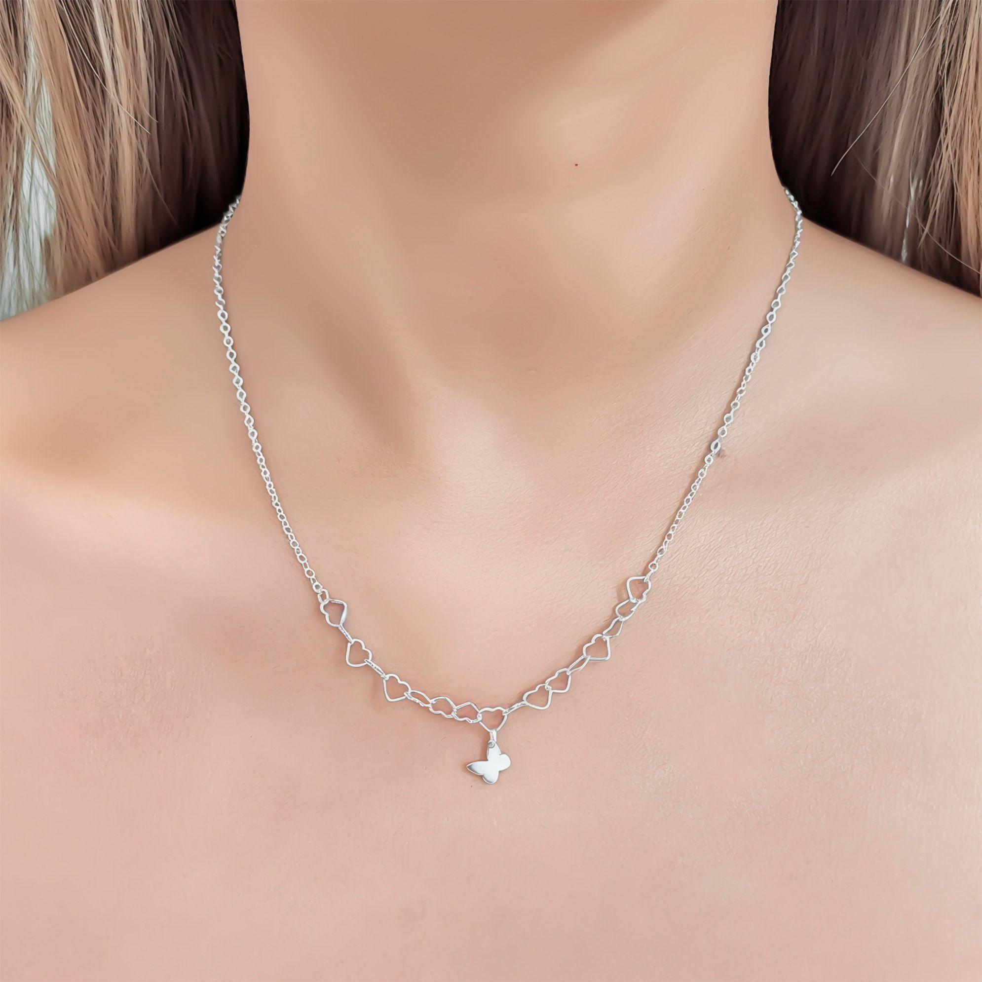 Collar Corazones Mariposa Plata Fina 925-2