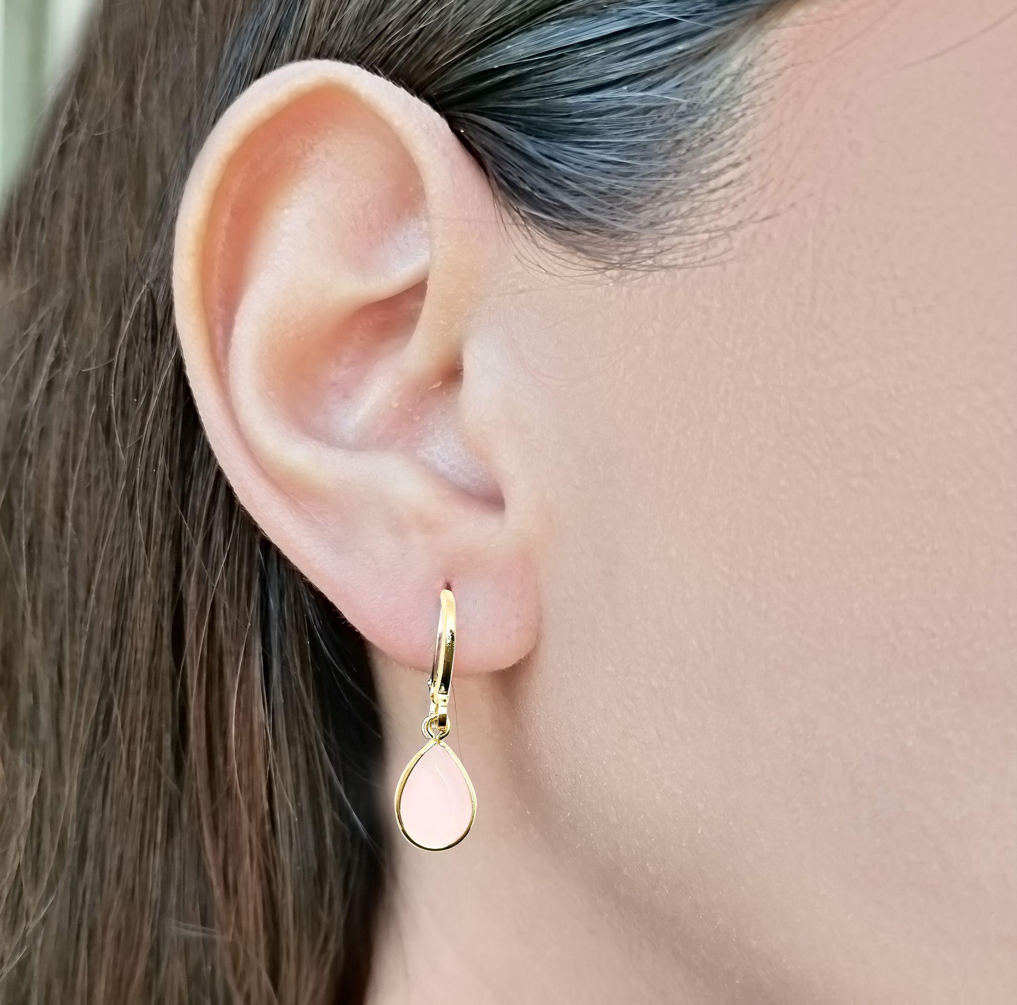 Aros Argolla Gota Calcedonia Rosada Enchapado Oro 18K-2