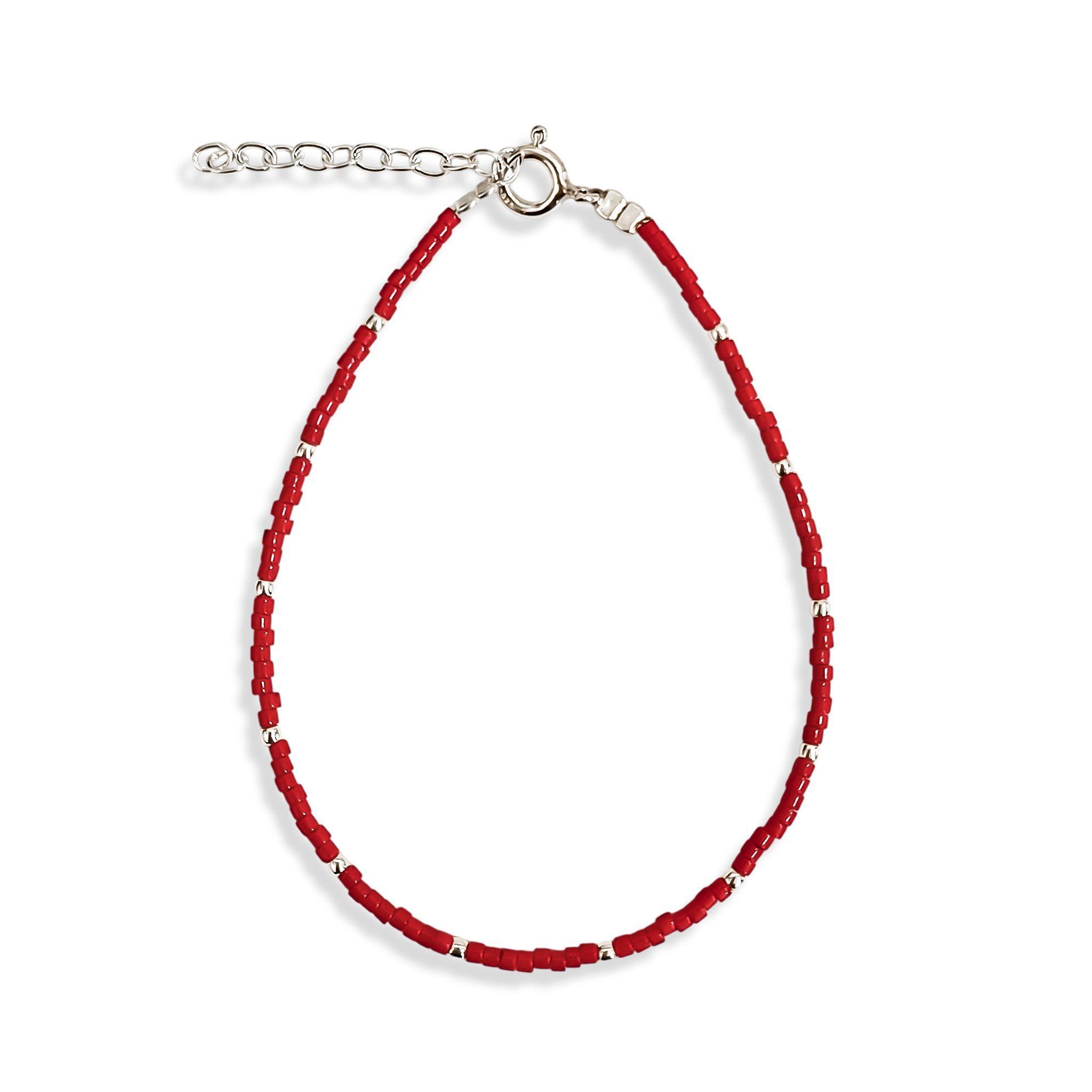 Pulsera Mostacilla Miyuki Roja Bola Plata Fina 925-2