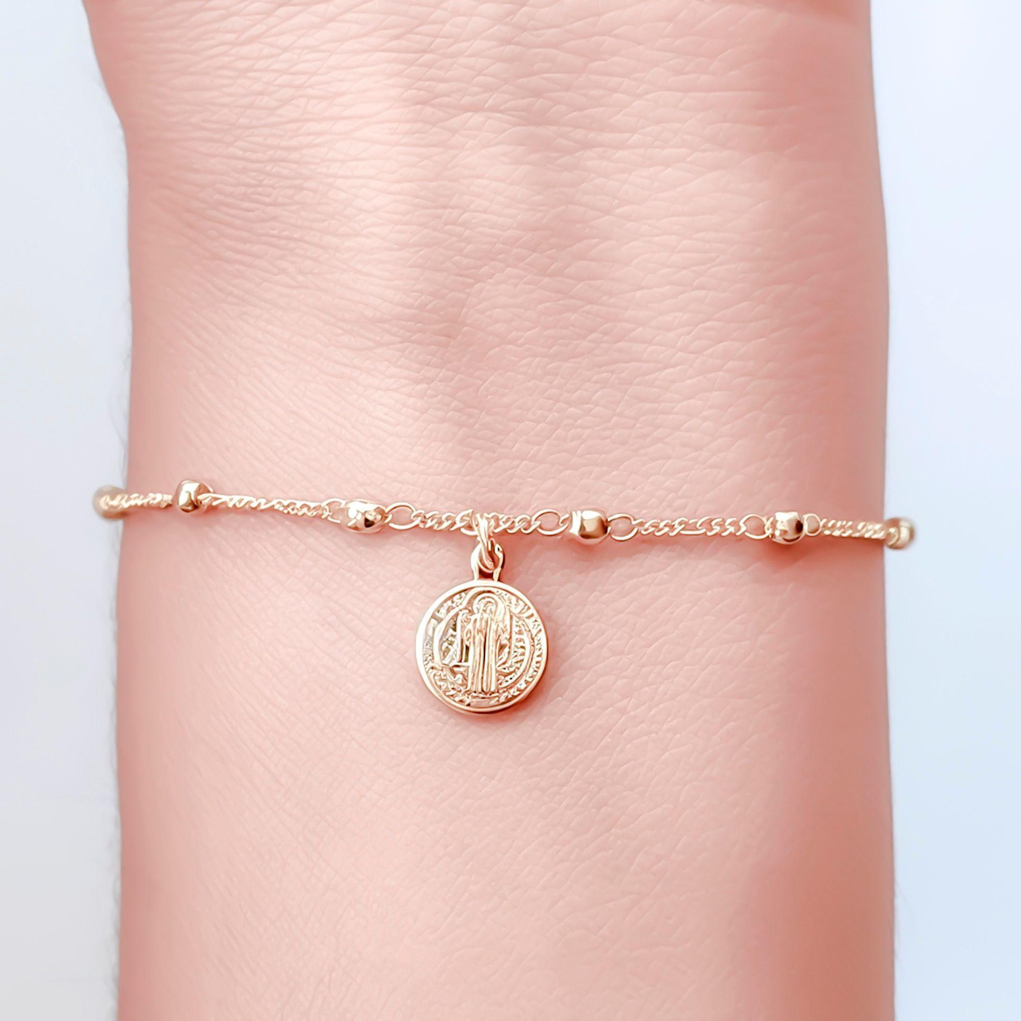 Pulsera Medalla San Benito Bolitas Enchapado Oro 18K-2