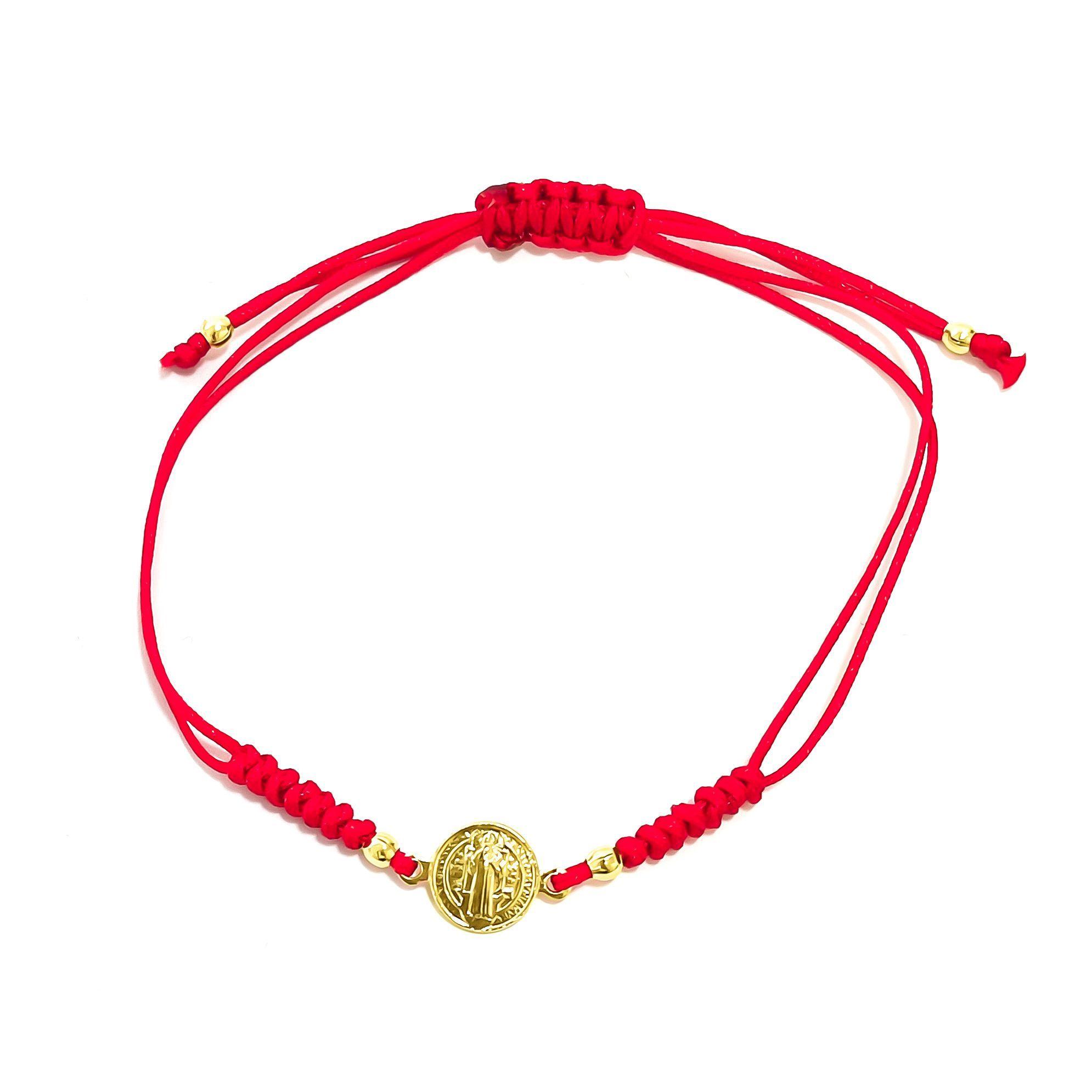 Pulsera San Benito Nudo Serpiente Enchapado Oro 18K Cordón Rojo Ajustable-0