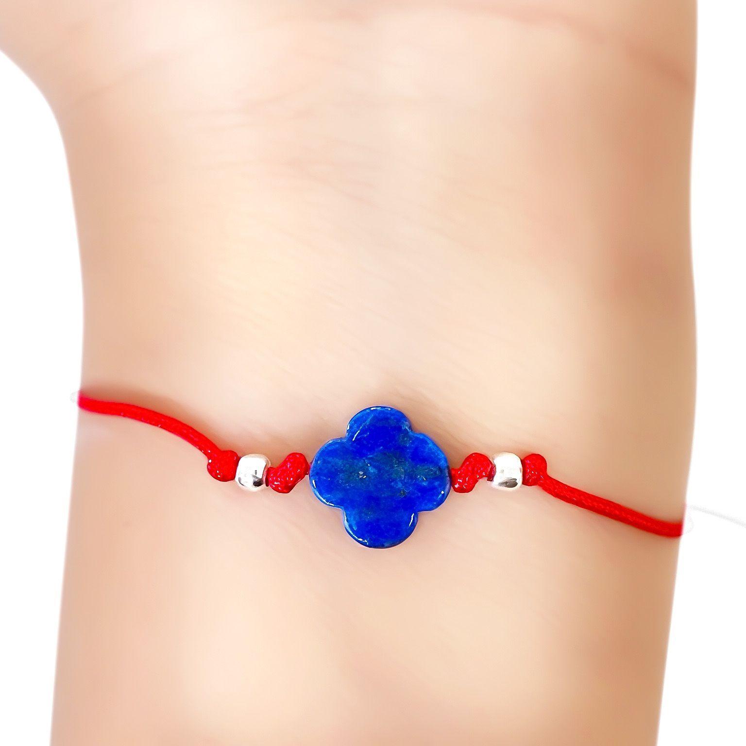 Pulsera Trébol Lapislázuli Bola Plata Fina 925 cordón Rojo Ajustable-2