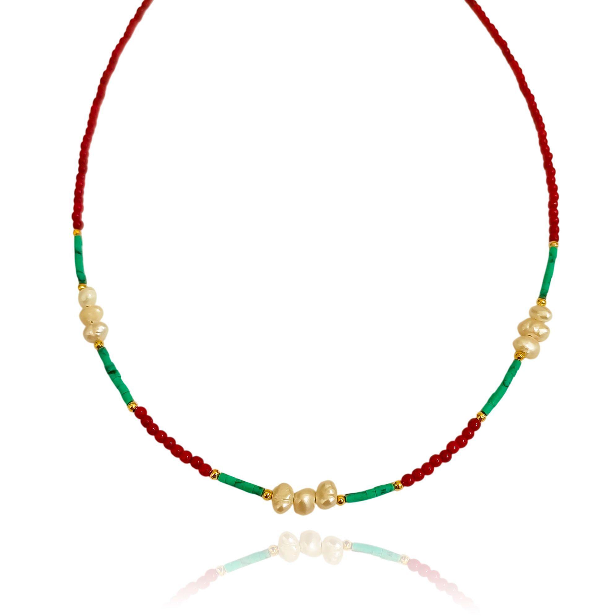 Collar Mix Turquesa Perla Cristal Rojo Enchapado Oro 18K-2